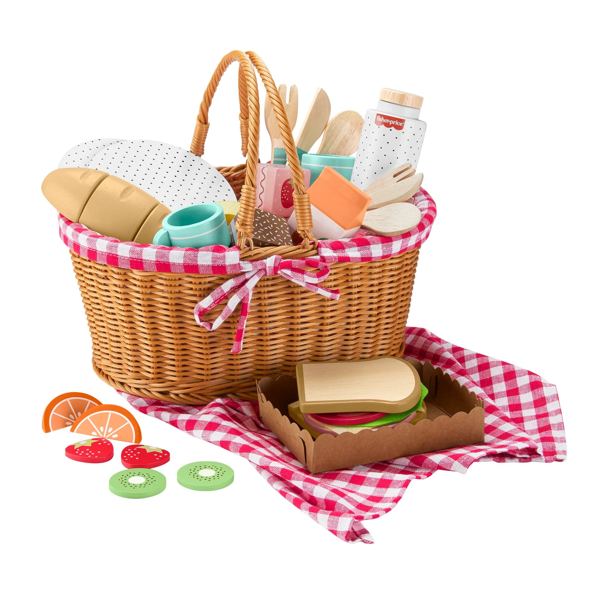 Fisher-Price Wooden Picnic Basket & Food Pretend Play Set For Preschool Kids, 31 Wood Pieces