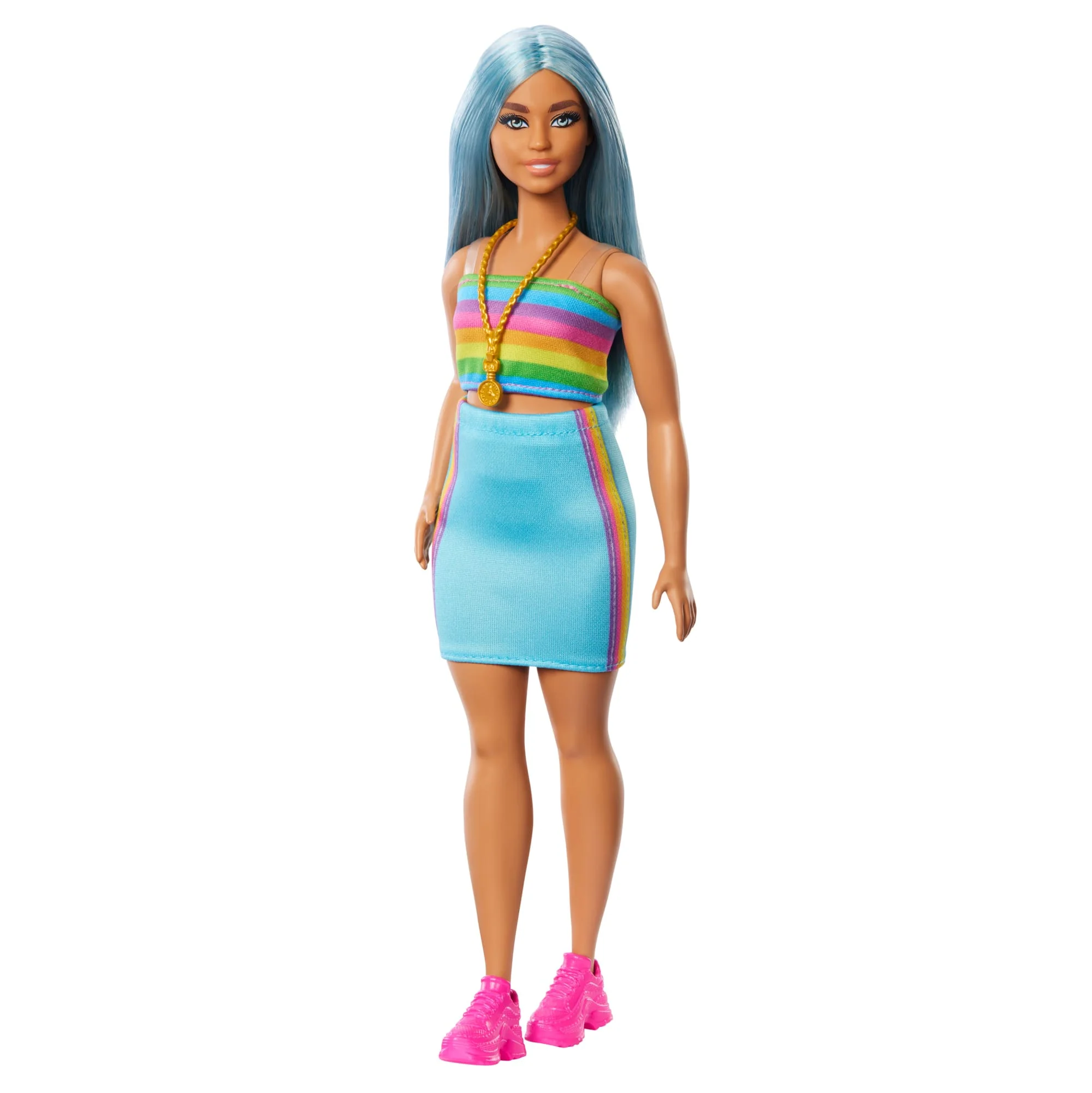 Barbie Fashionistas Doll #218 With Blue Hair, Rainbow Top & Teal Skirt, 65th Anniversary