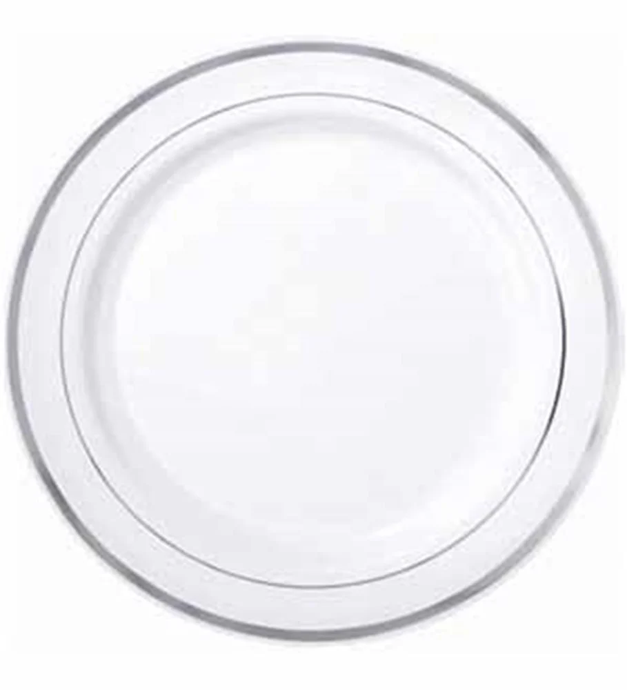 Premium Plastic Round Plates White with Silver Trim 20ct