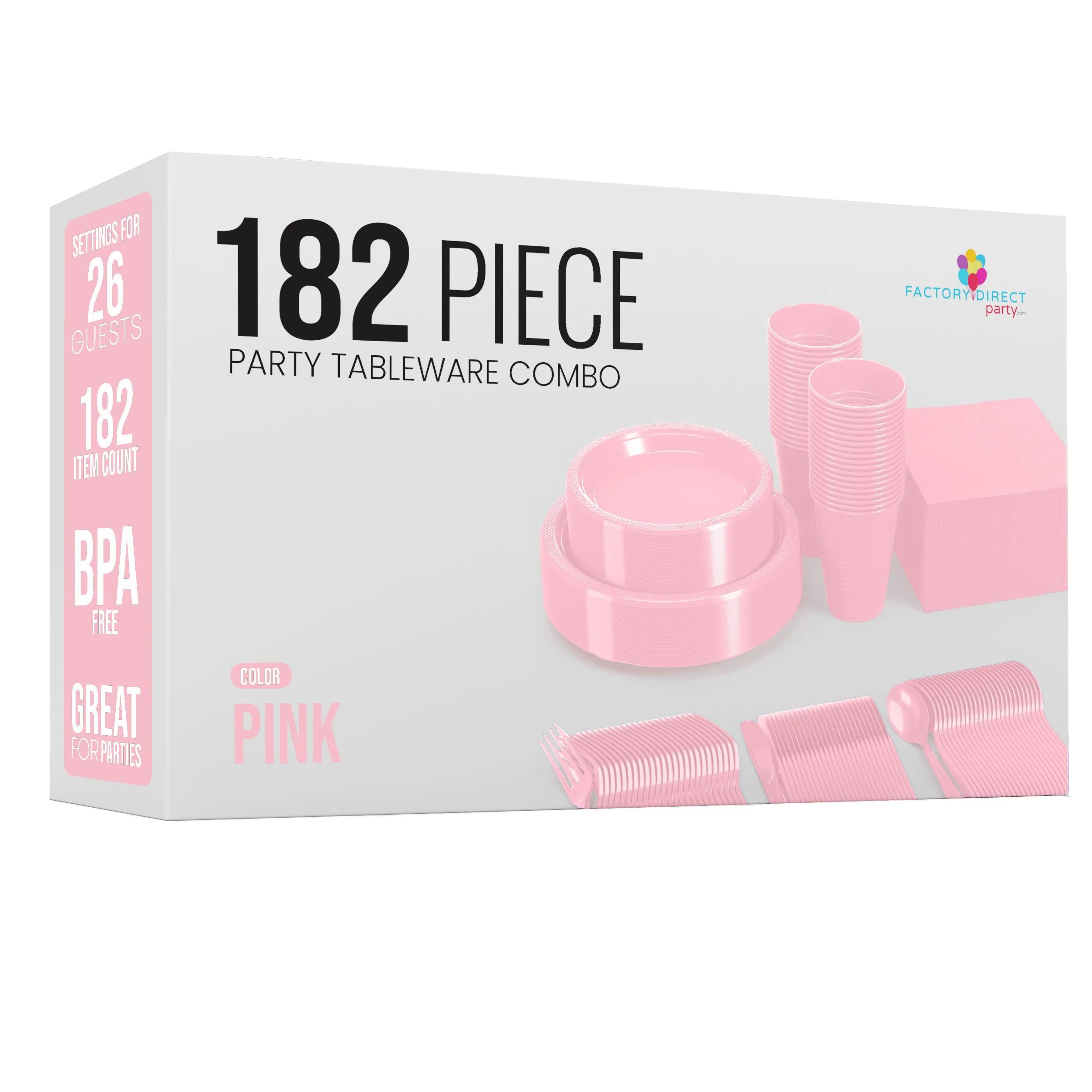 182 Pcs Pink Plastic Dinnerware Set | Setting for 26