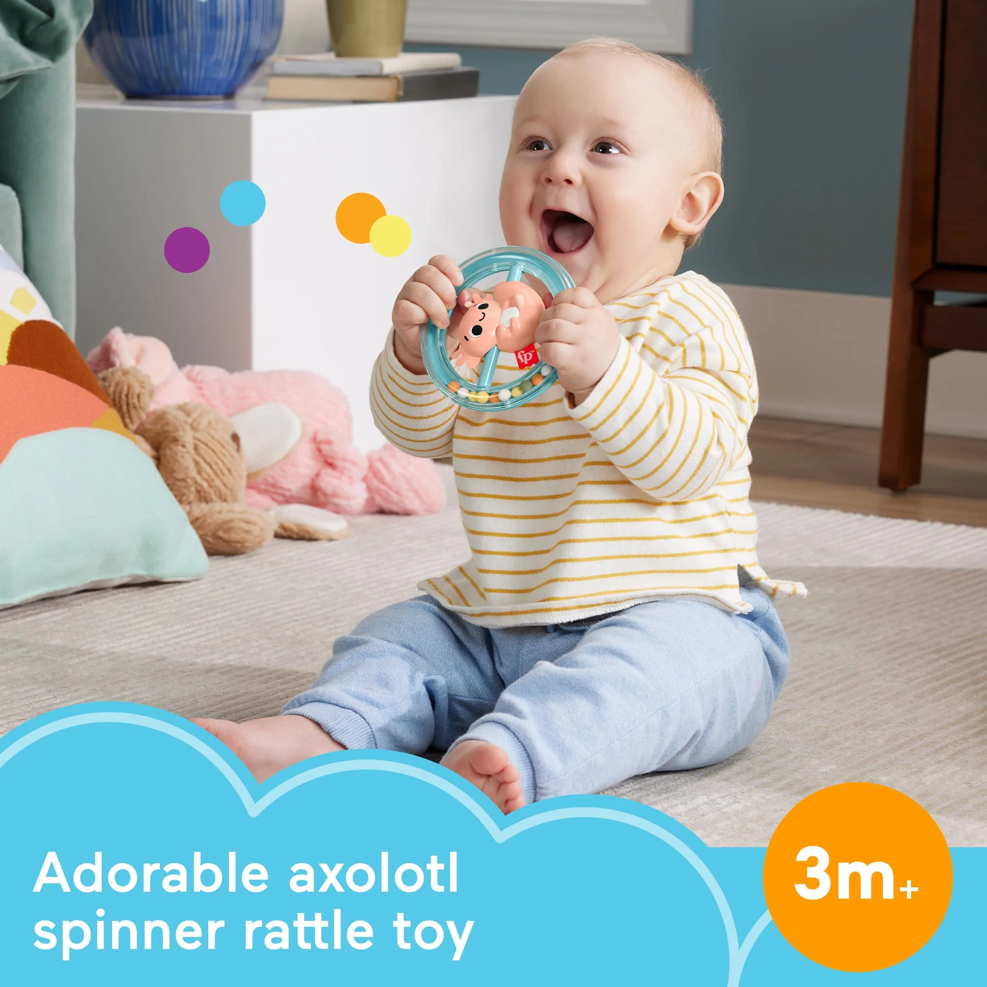 Fisher Price Shake & Spin Axolotl Rattle Baby Toy With Fine Motor Activity For Newborns
