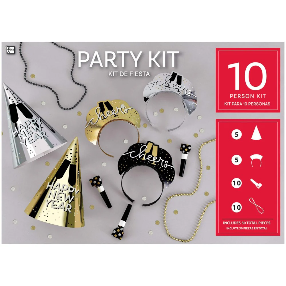 New Year's Eve 10 Person Kit with Cone Hats in Black Silver and Gold