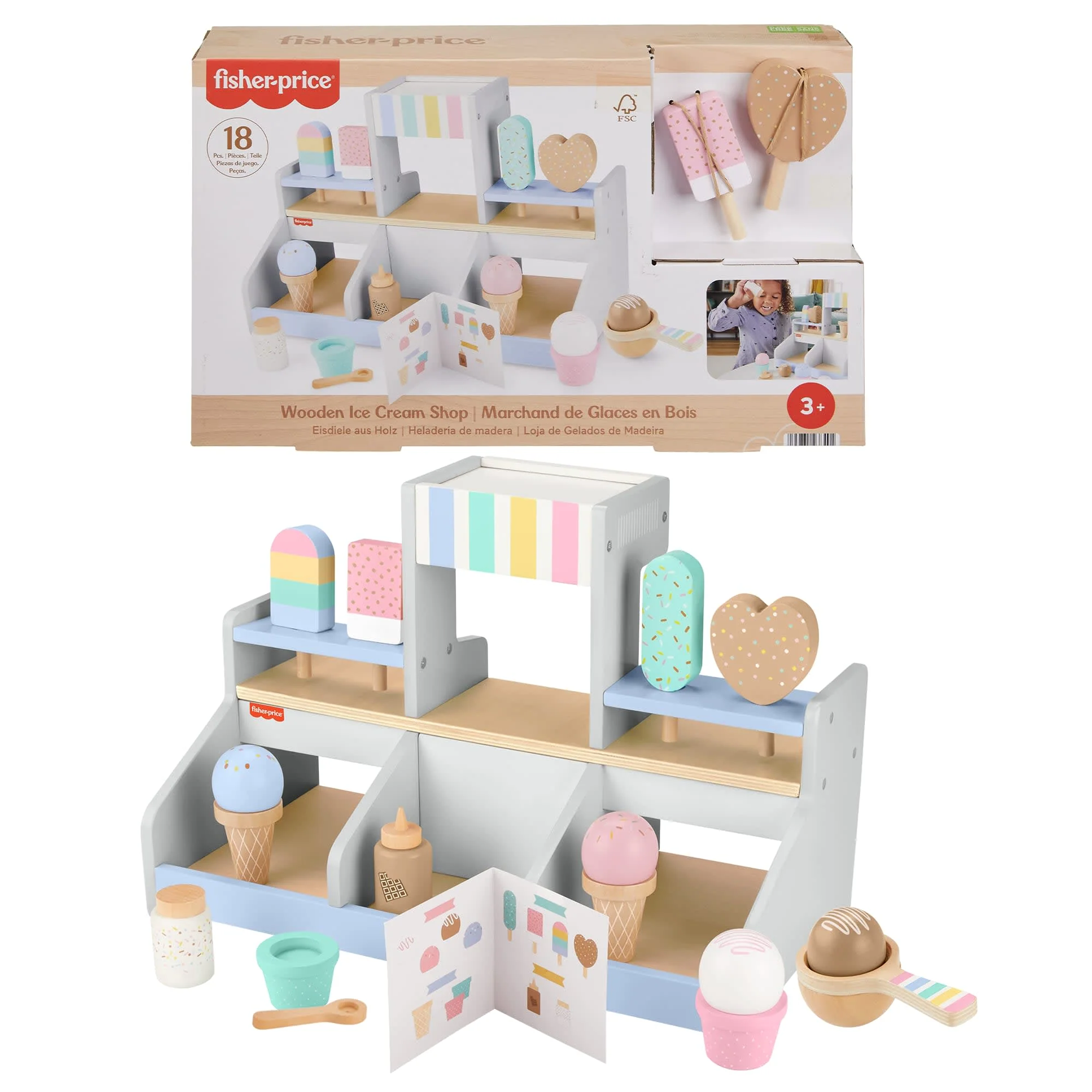 Fisher-Price Wooden Ice Cream Shop Set For Preschool Pretend Play, 18 Wood Pieces