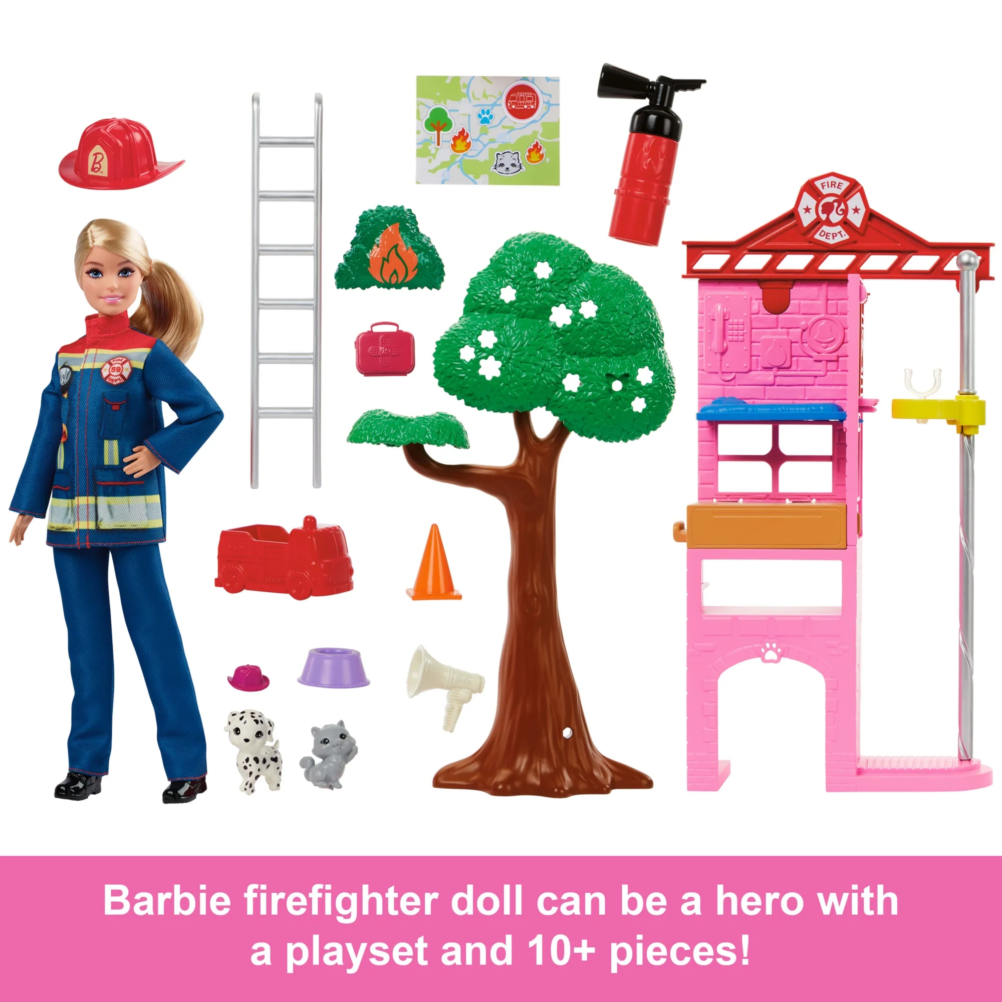 Barbie Firefighter Playset With Blonde Fashion Doll, Fire Station, 2 Pets & 10+ Accessories