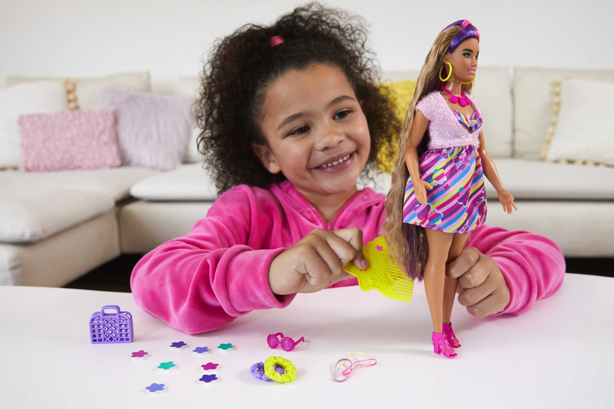 Barbie Totally Hair Flower-themed Doll, Curvy, 8.5 Inch Fantasy Hair, Dress, 15 Accessories, 3 & Up