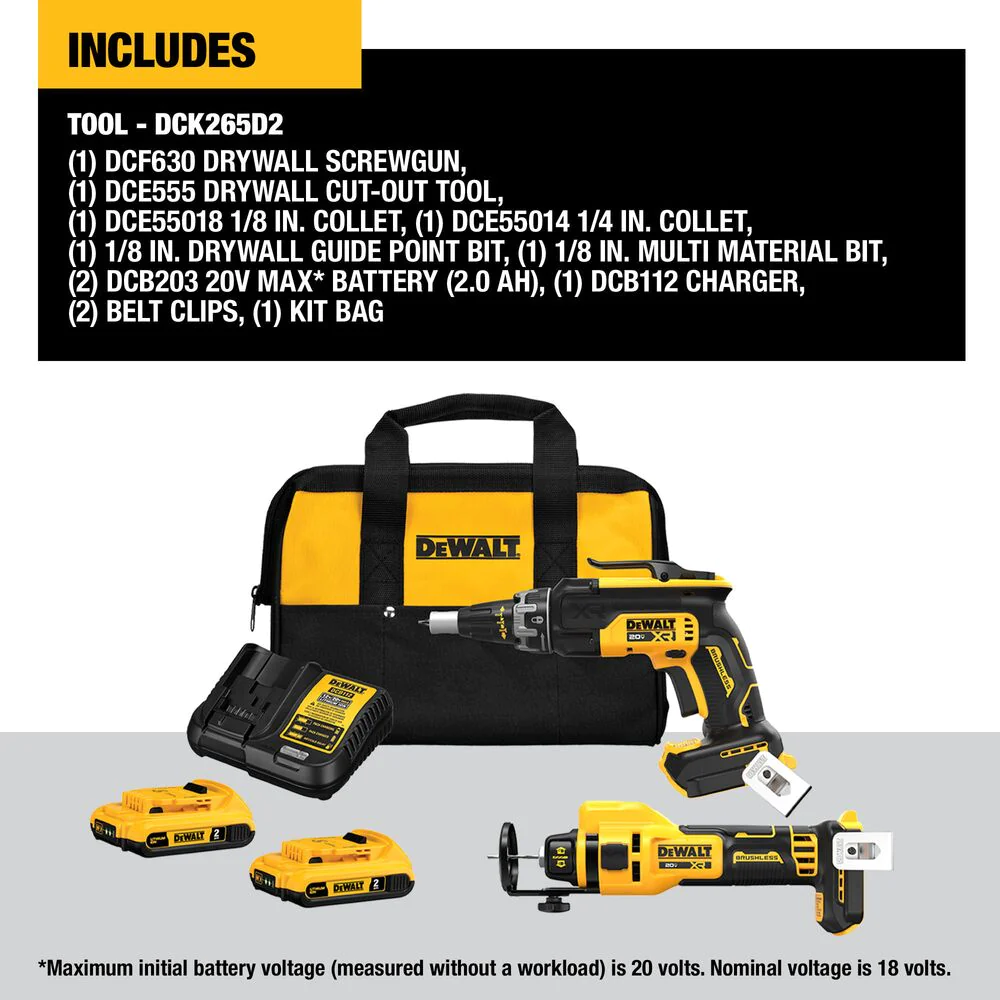 DeWALT DCK265D2 20V MAX XR Brushless Drywall Screwgun and Cut-Out Tool Combo Kit