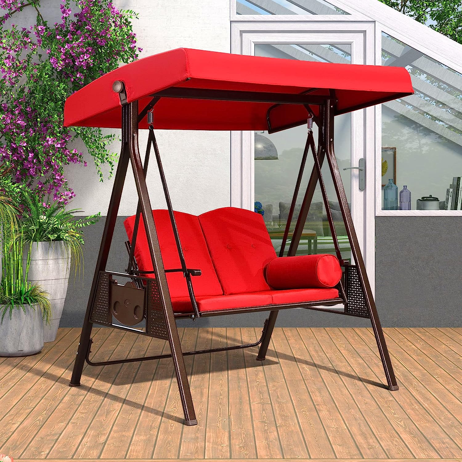 PURPLE LEAF 2-Seat Deluxe Outdoor Patio Porch Swing with Weather Resistant Steel Frame, Adjustable Tilt Canopy, Cushions and Pillow Included, Beige