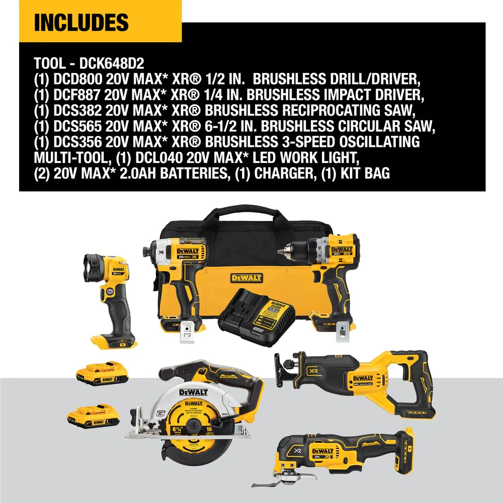 DeWALT DCK648D2 20V MAX XR Brushless Cordless 6-Tool Combo Kit w/ 2 Batteries
