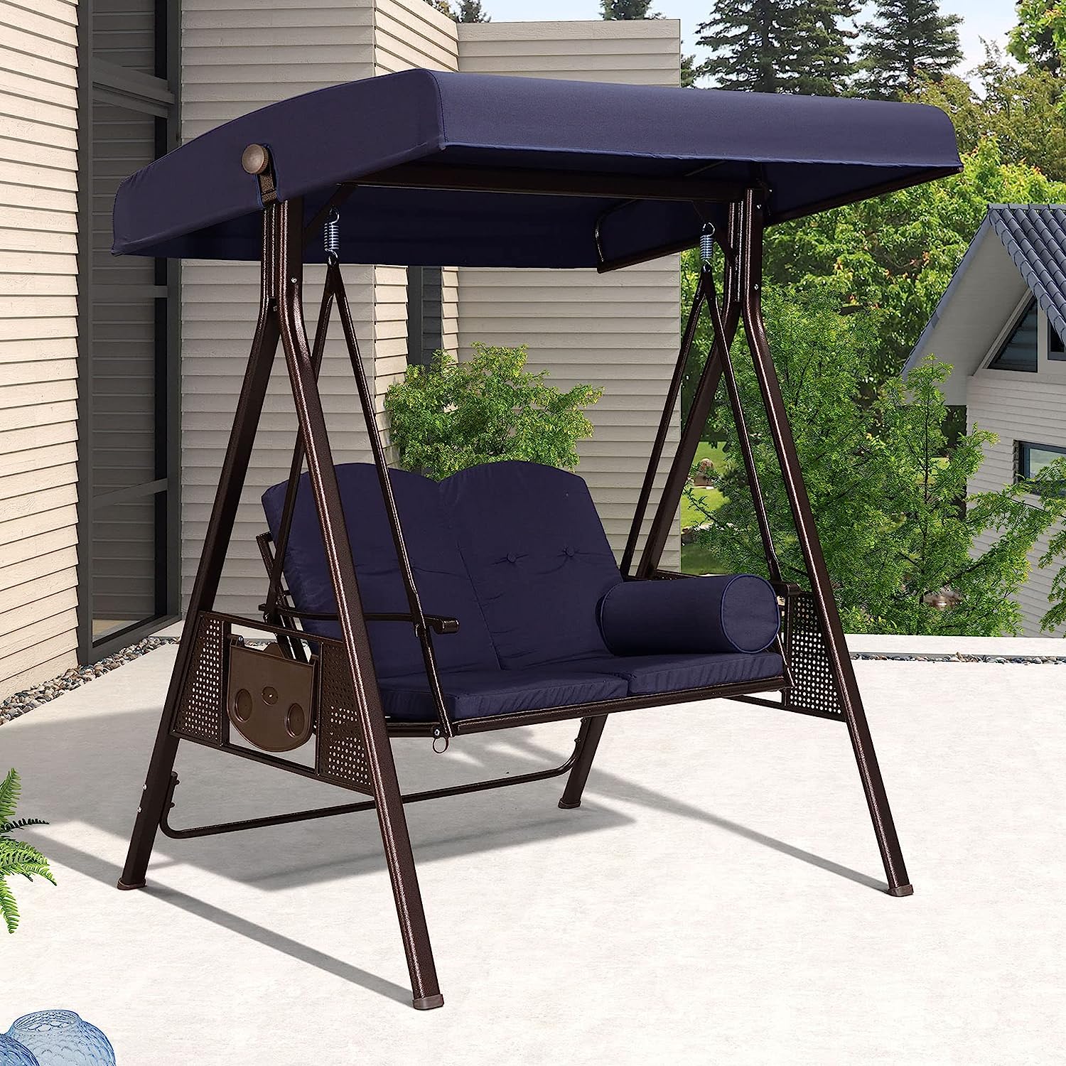 PURPLE LEAF 2-Seat Deluxe Outdoor Patio Porch Swing with Weather Resistant Steel Frame, Adjustable Tilt Canopy, Cushions and Pillow Included, Beige