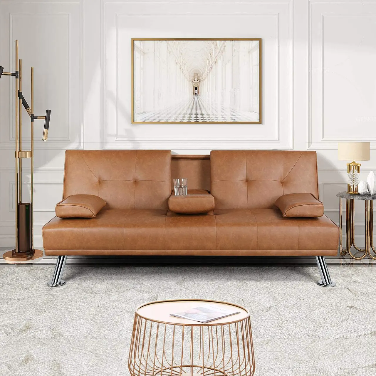 Apartment sofa bed, artificial leather sofa with armrests, home recliner, suitable for living room and studio brown