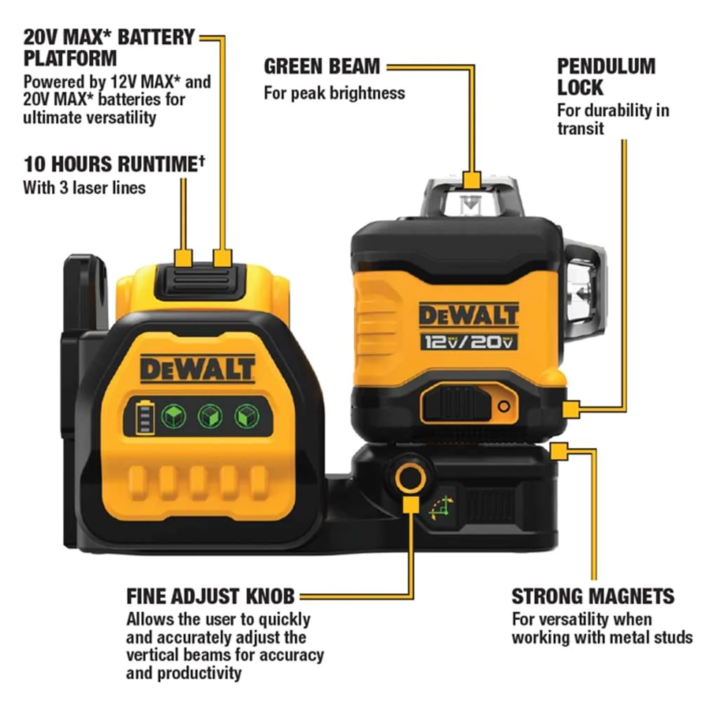 DeWALT DCLE34030G-QU 20V 3 x 360 Cordless Lithium-Ion Cross Line Green Laser Kit