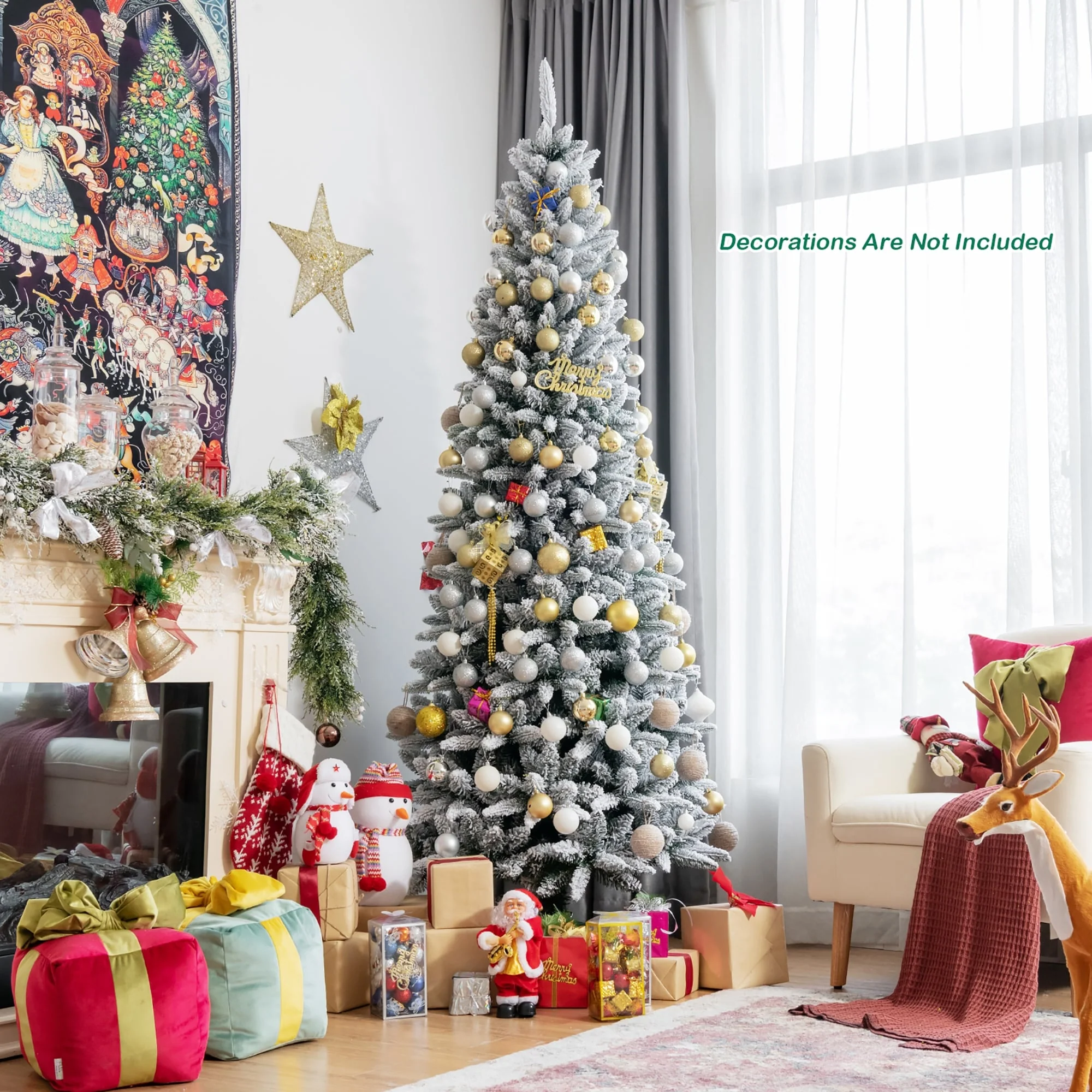 7.5ft Snow-Flocked Hinged Artificial Christmas Pencil Tree w/ 1189