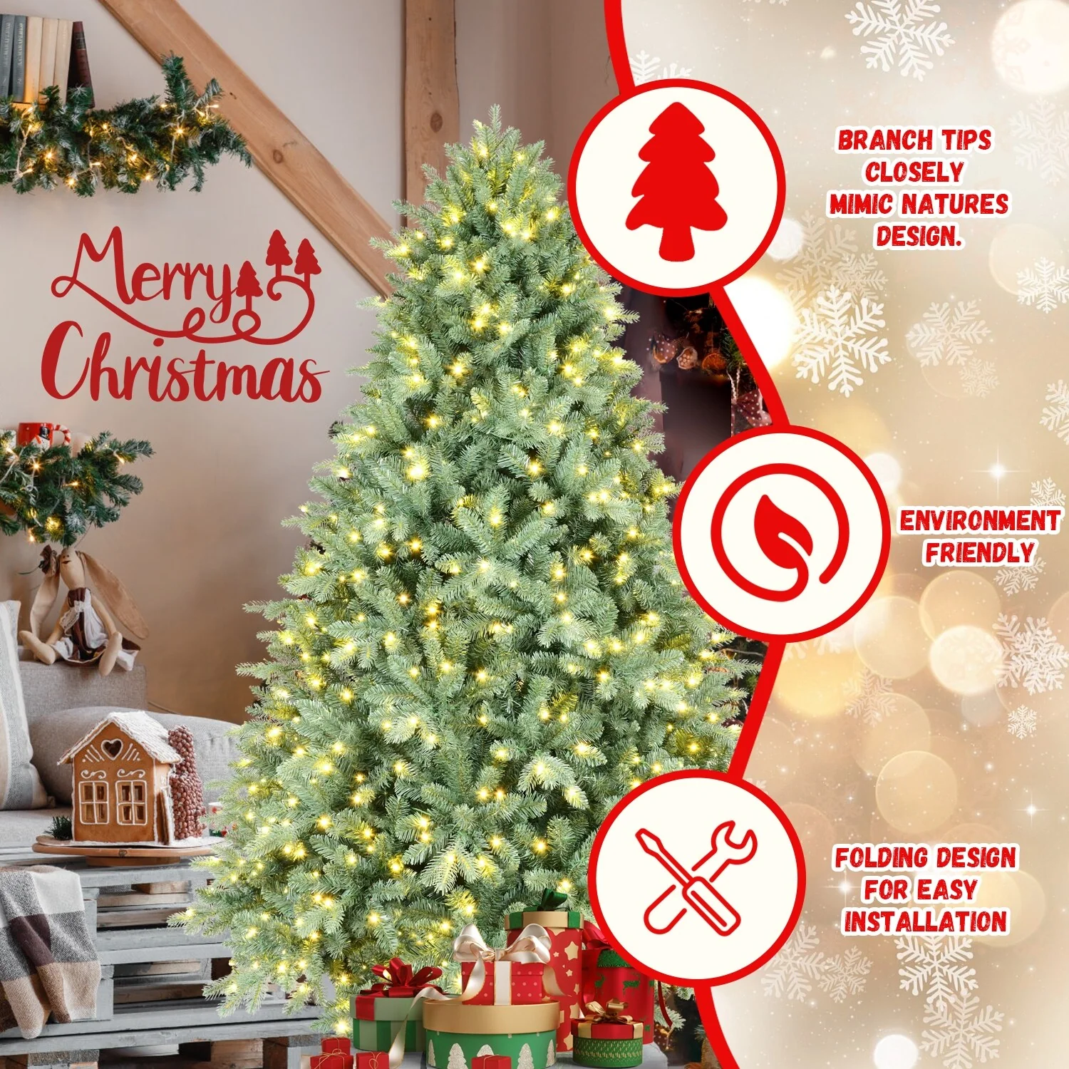 4FT Blue Pre-Lit Christmas Tree with 150 Warm White LED Lights-592 PE+PVC Tips, Hinged Branches for Easy Setup