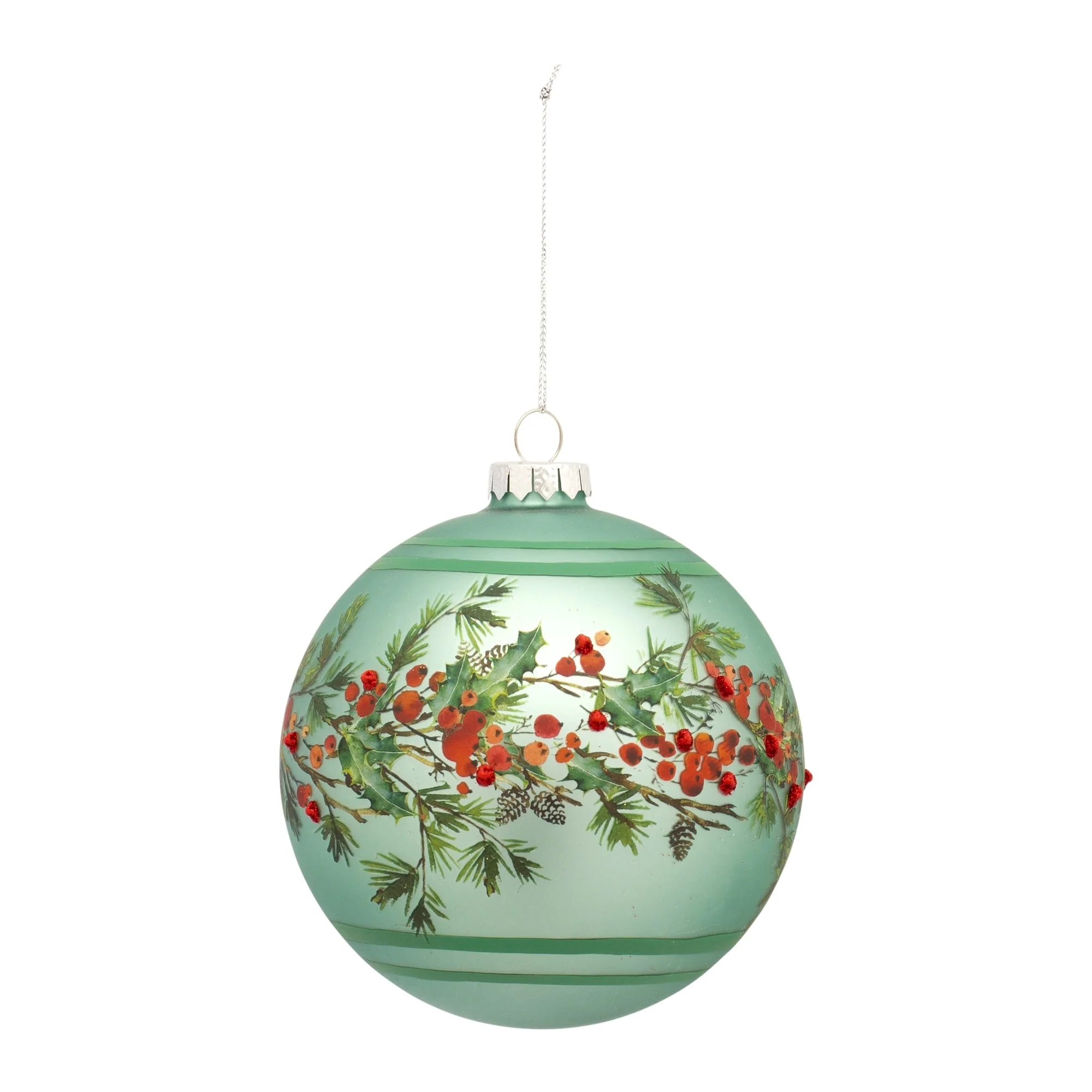 6ct Green Berry and Pine Glass Christmas Ball Ornaments 5