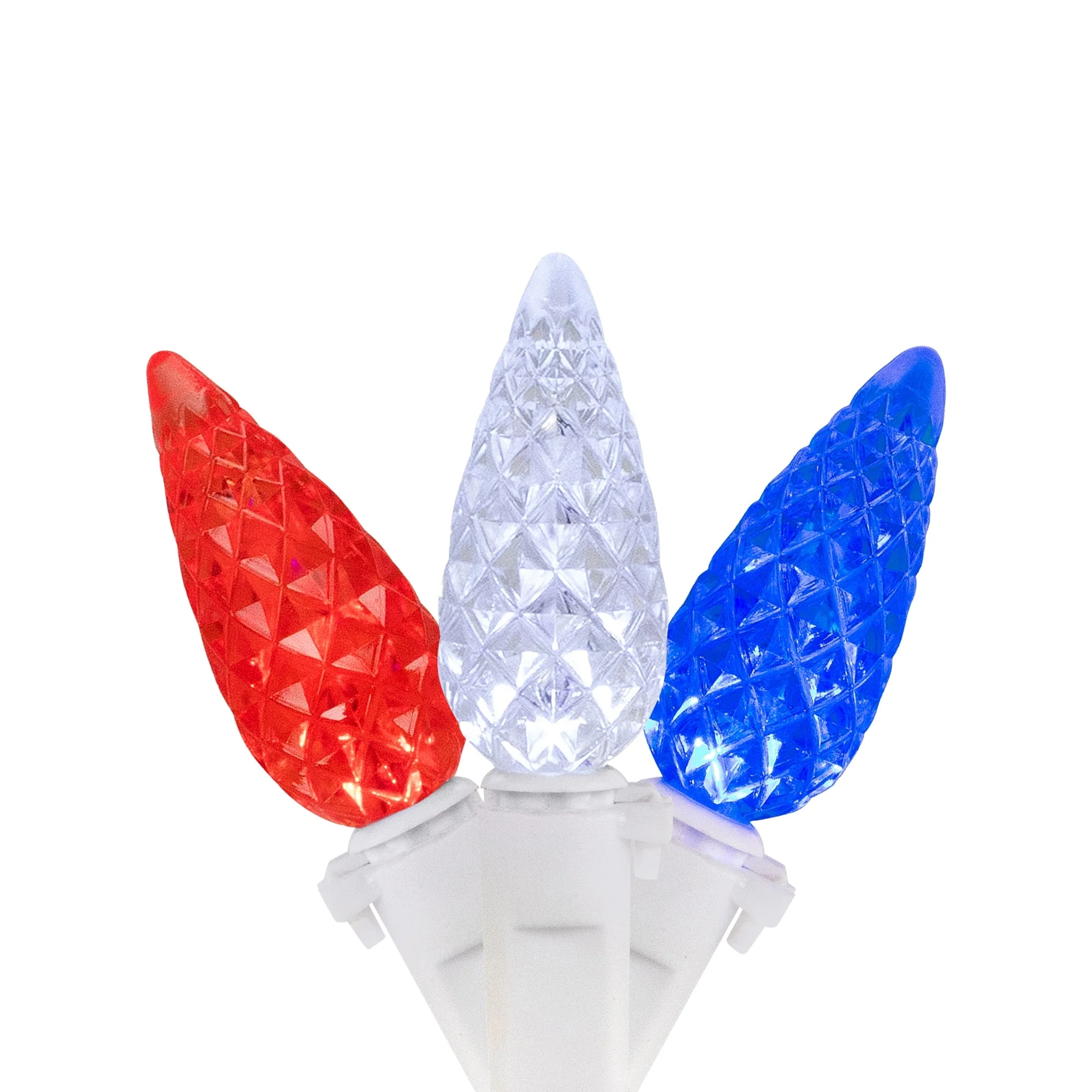 Patriotic LED C6 Faceted Christmas Lights - Red, White and Blue - 16.5' White Wire - 50ct