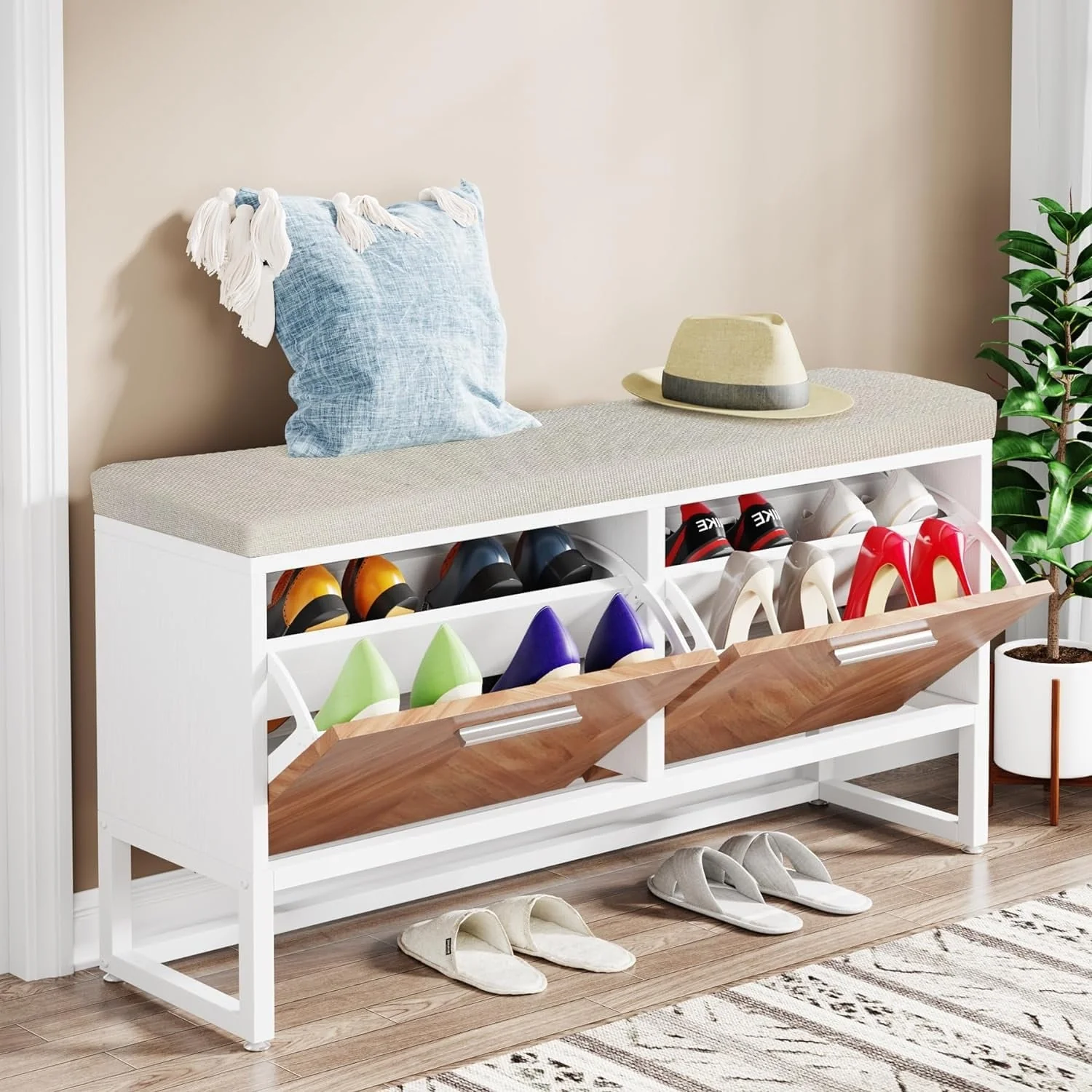 Shoe Storage Bench with Cushion, Entryway Shoe Bench with 2 Flip Drawers