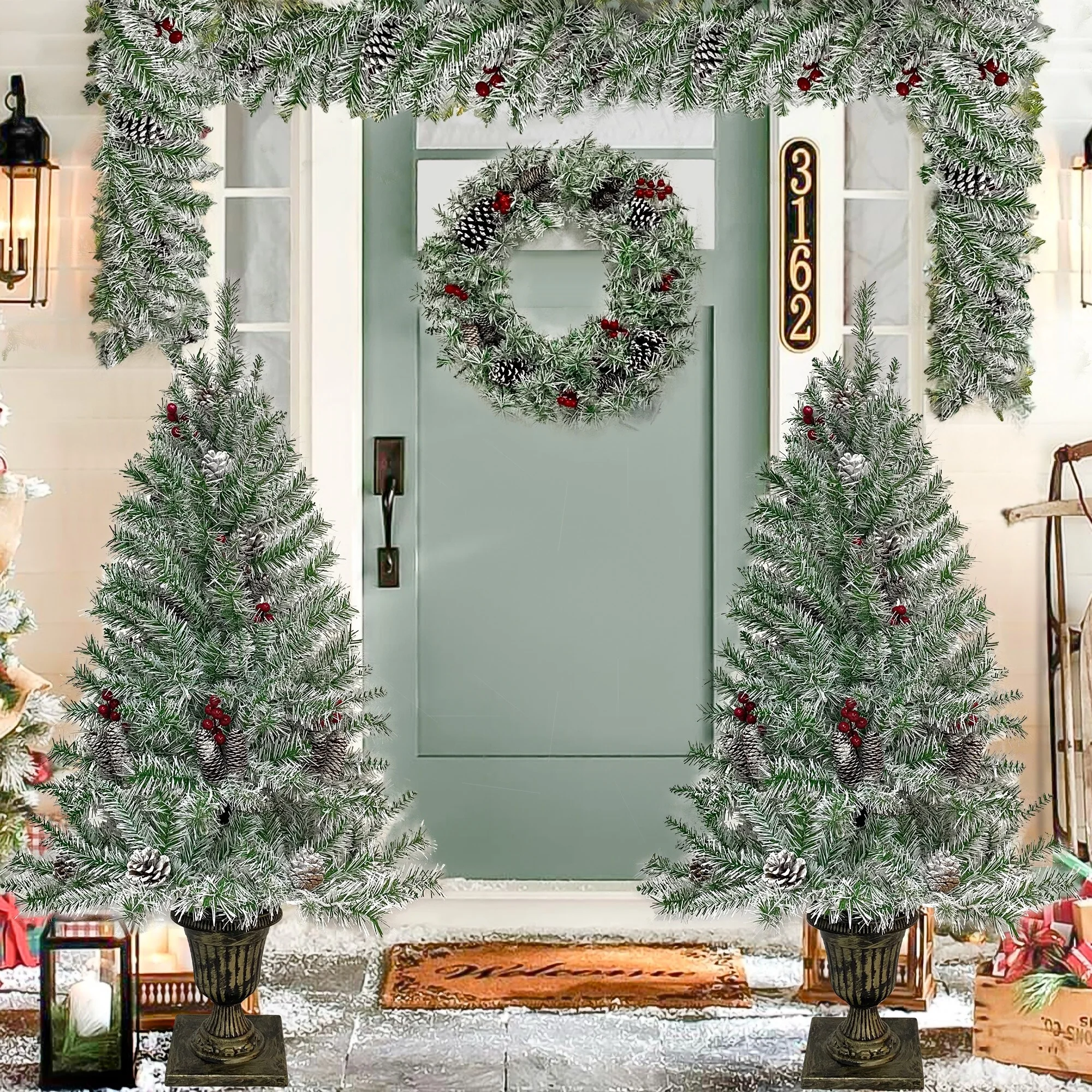 4-Piece Christmas Decor Set with Warm LED Lights, Tree, Garland, Wreath and Entrance Trees, for Home Holiday Decoration