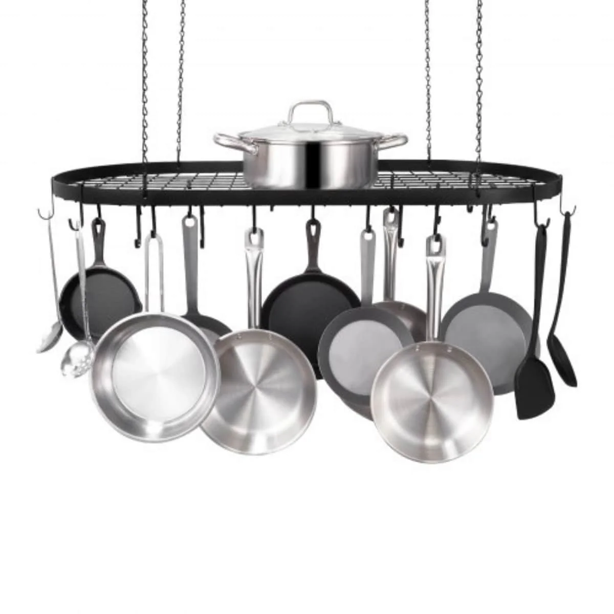 Black Carbon Steel Ceiling Mounted Hanging Pot Rack with S Shaped Hooks Ideal for Home or Restaurant