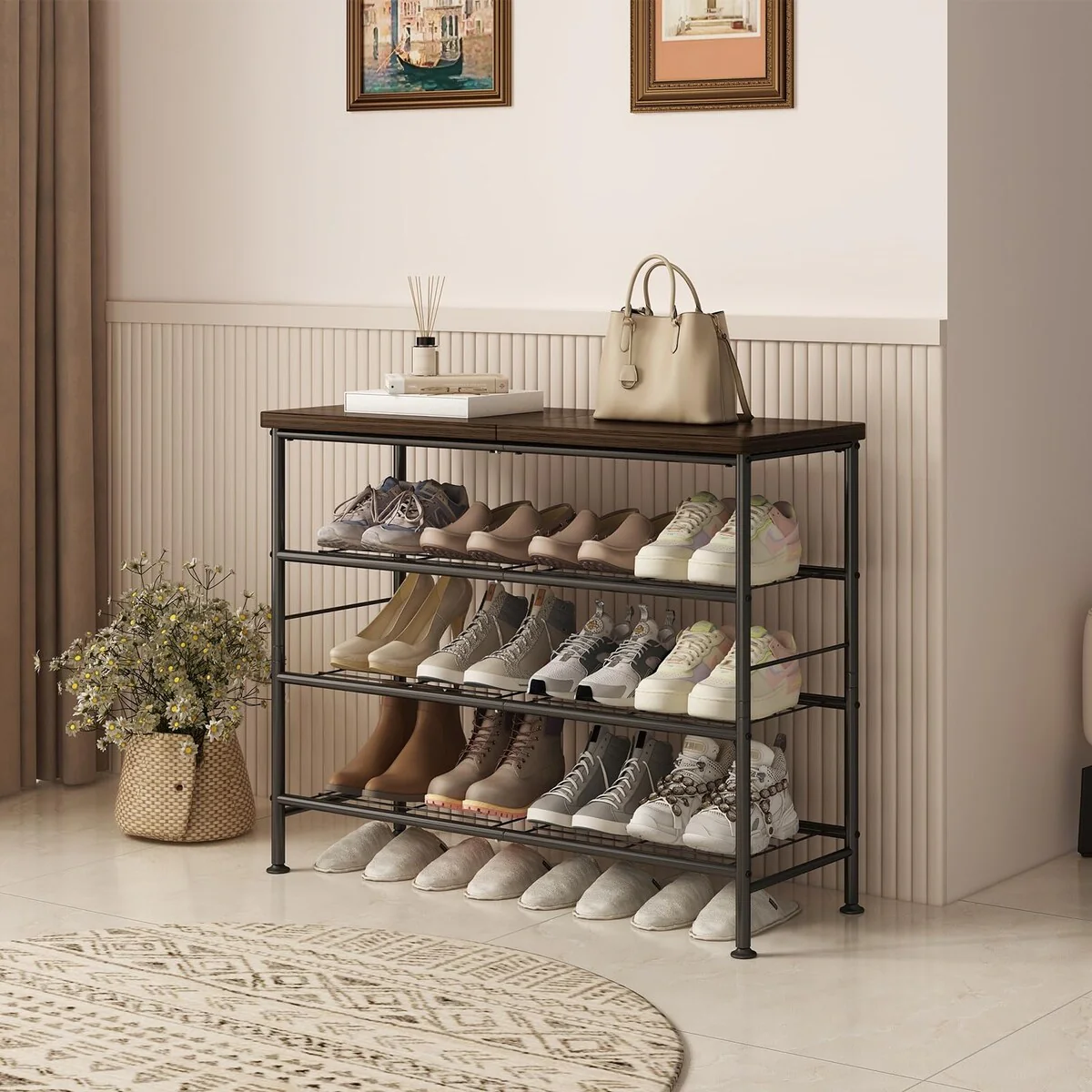 Shoe Rack Organizer 4 Tier for Closet Entryway Free Standing Metal Storage Shoe Shelf with MDF Top Board,Black