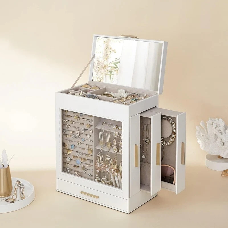 5-Layer Jewelry Box with 3 Side Drawers and Big Mirror