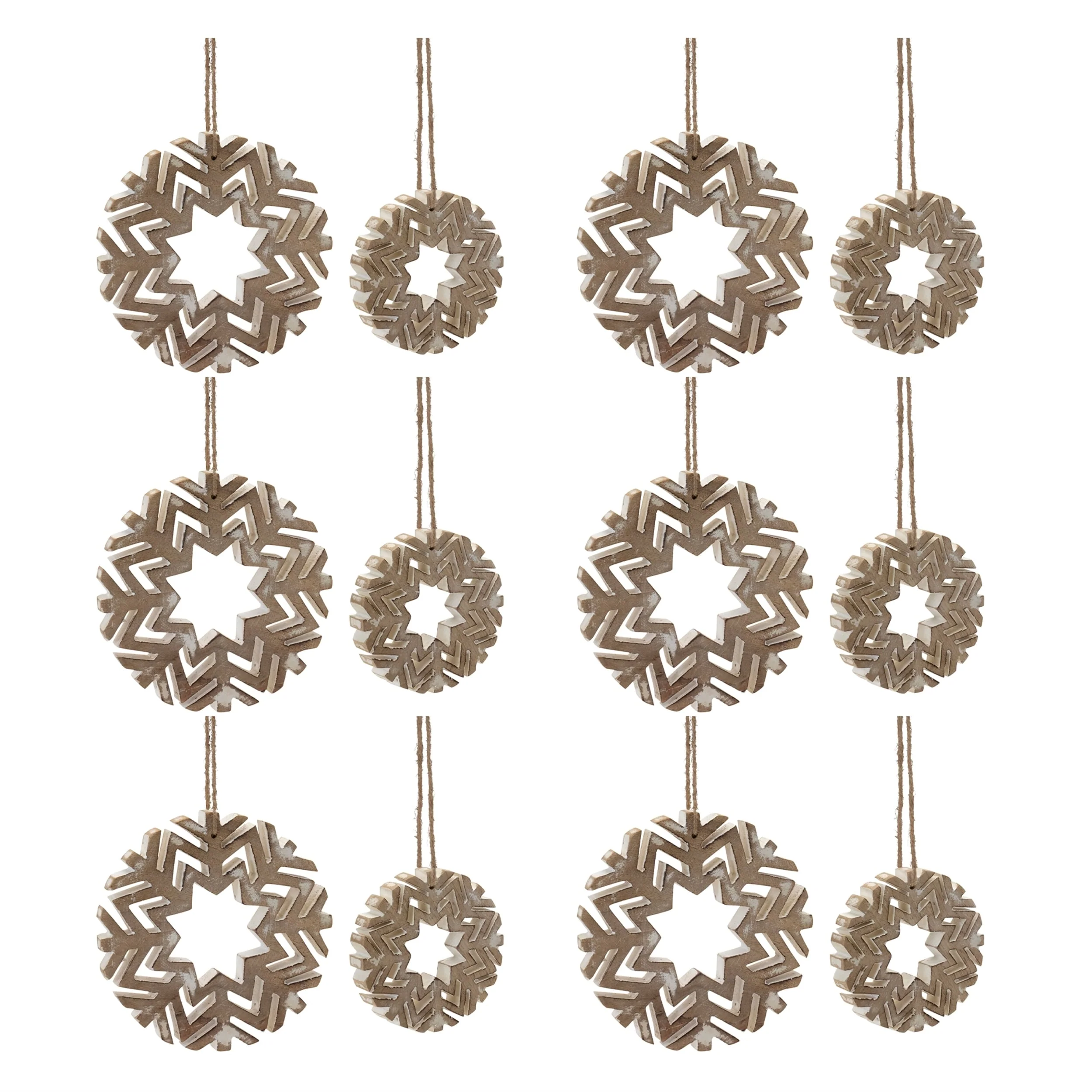 Set of 12 Wooden Snowflake Ornaments for Christmas Tree with Jute String - 4” x 0.75” x 4”