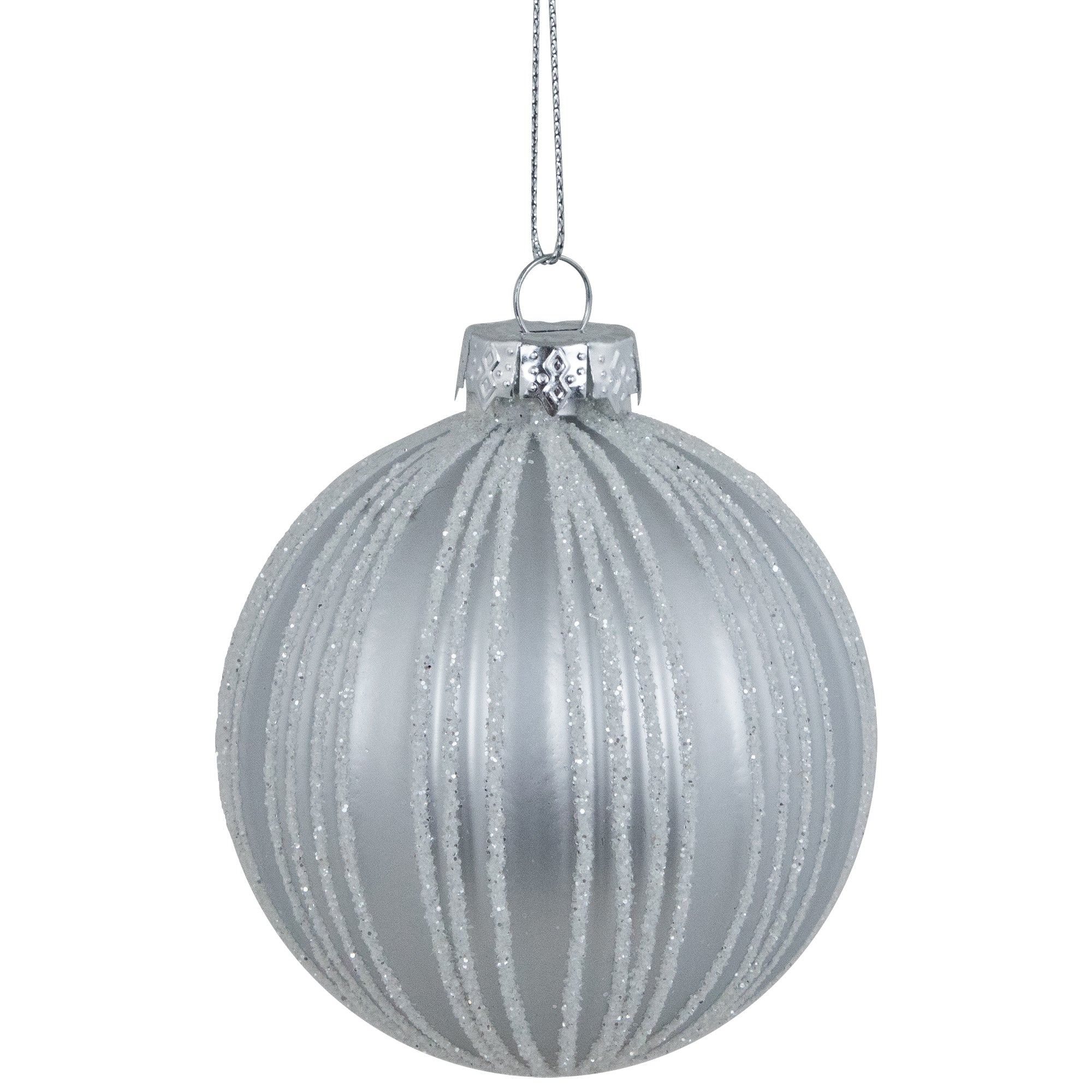 4ct Silver and White Glitter Striped Glass Ball Christmas Ornaments 3