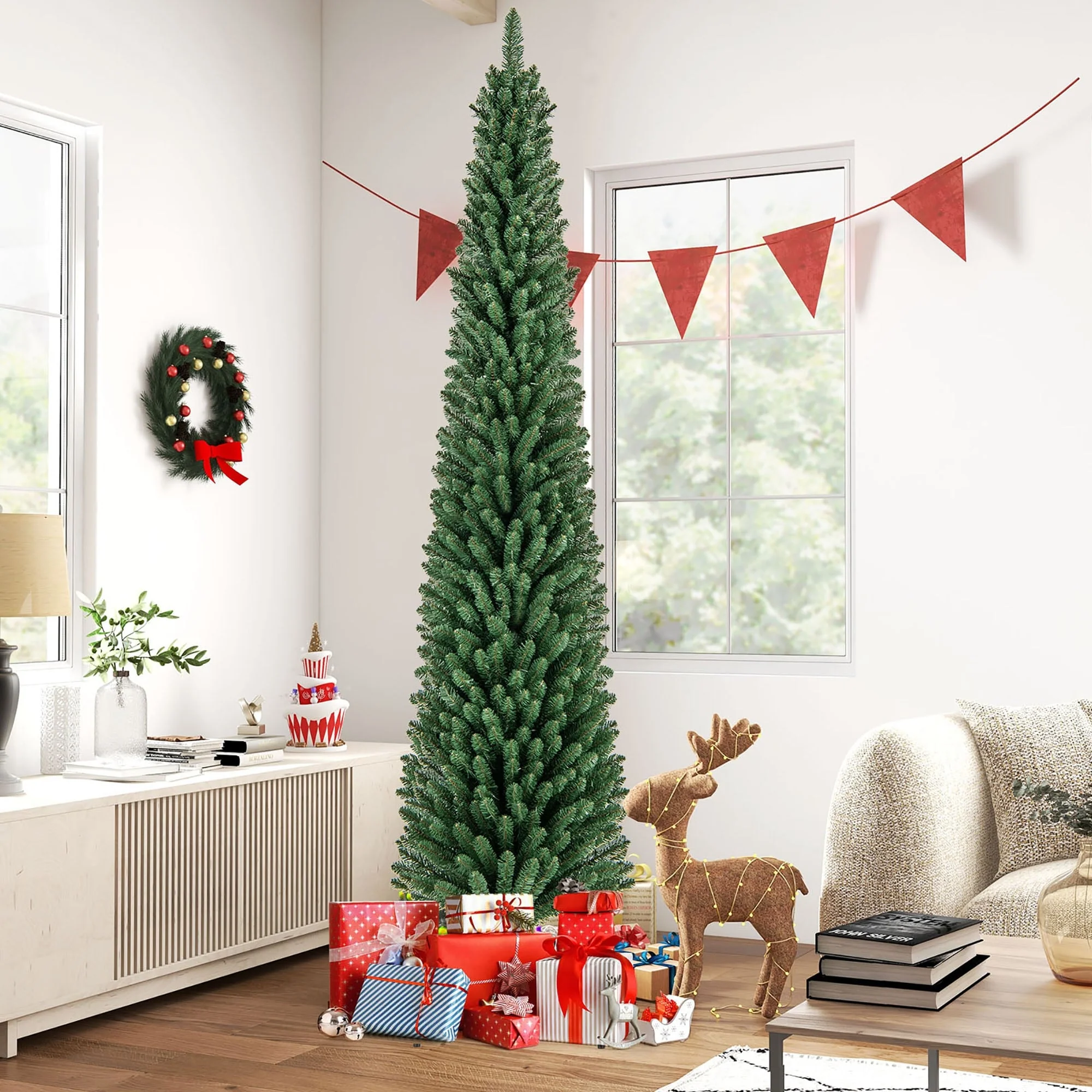 Gymax 7/8 FT Pencil Christmas Tree Artificial Xmas Tree w/ 523/671 - See Details
