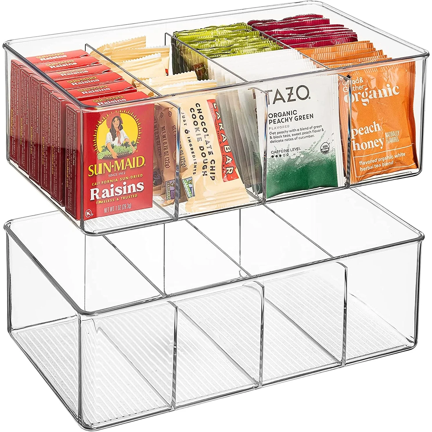 Sorbus Storage Bins with Dividers for Pantry Food & Kitchen Fridge, Clear Design (2-Pack)