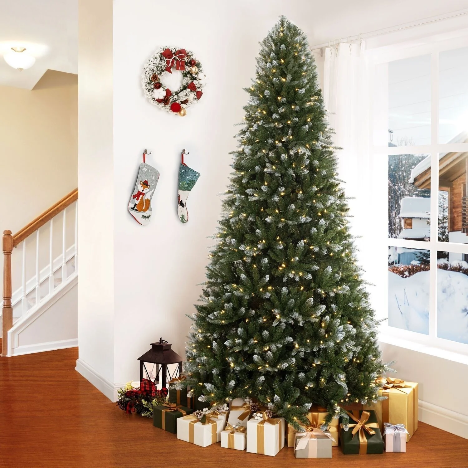 PE & PVC White-Tip Pre-Lit Christmas Tree with Warm Lights , Natural Look with Fluffy Branches