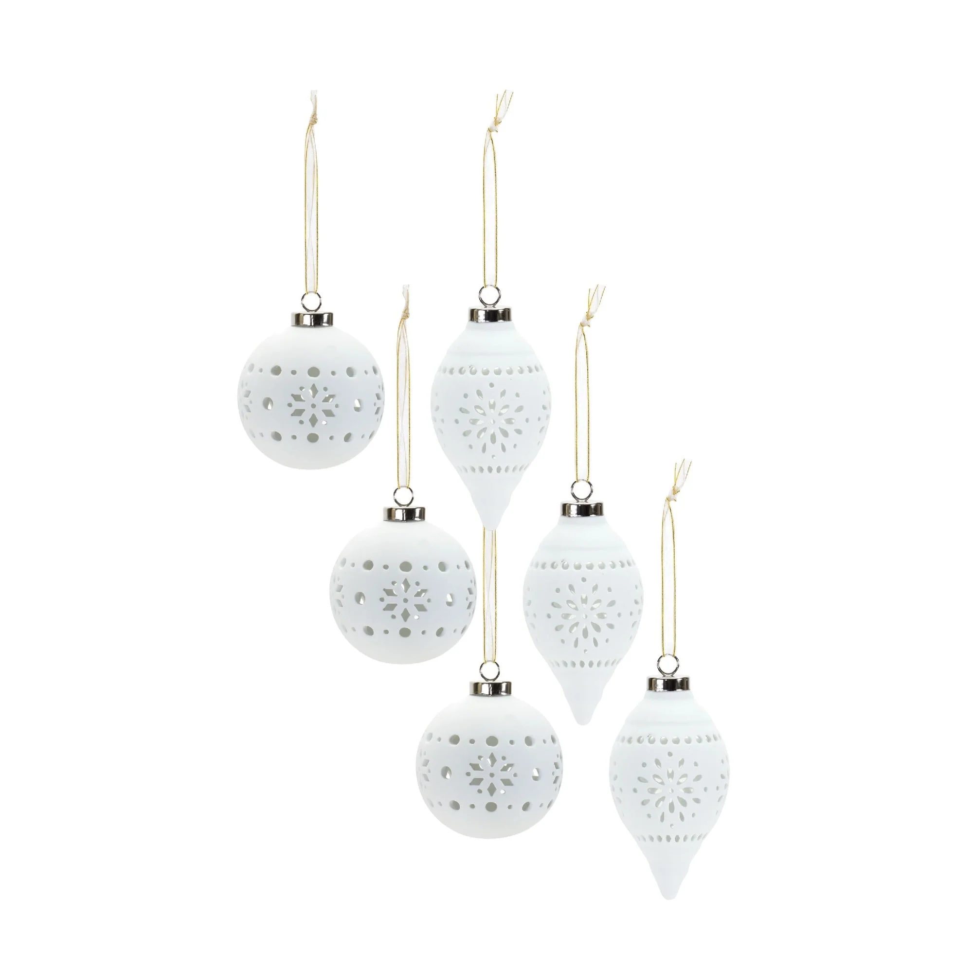 6 White Finish Snowflake Porcelain Christmas Ball Ornament 4-5.5