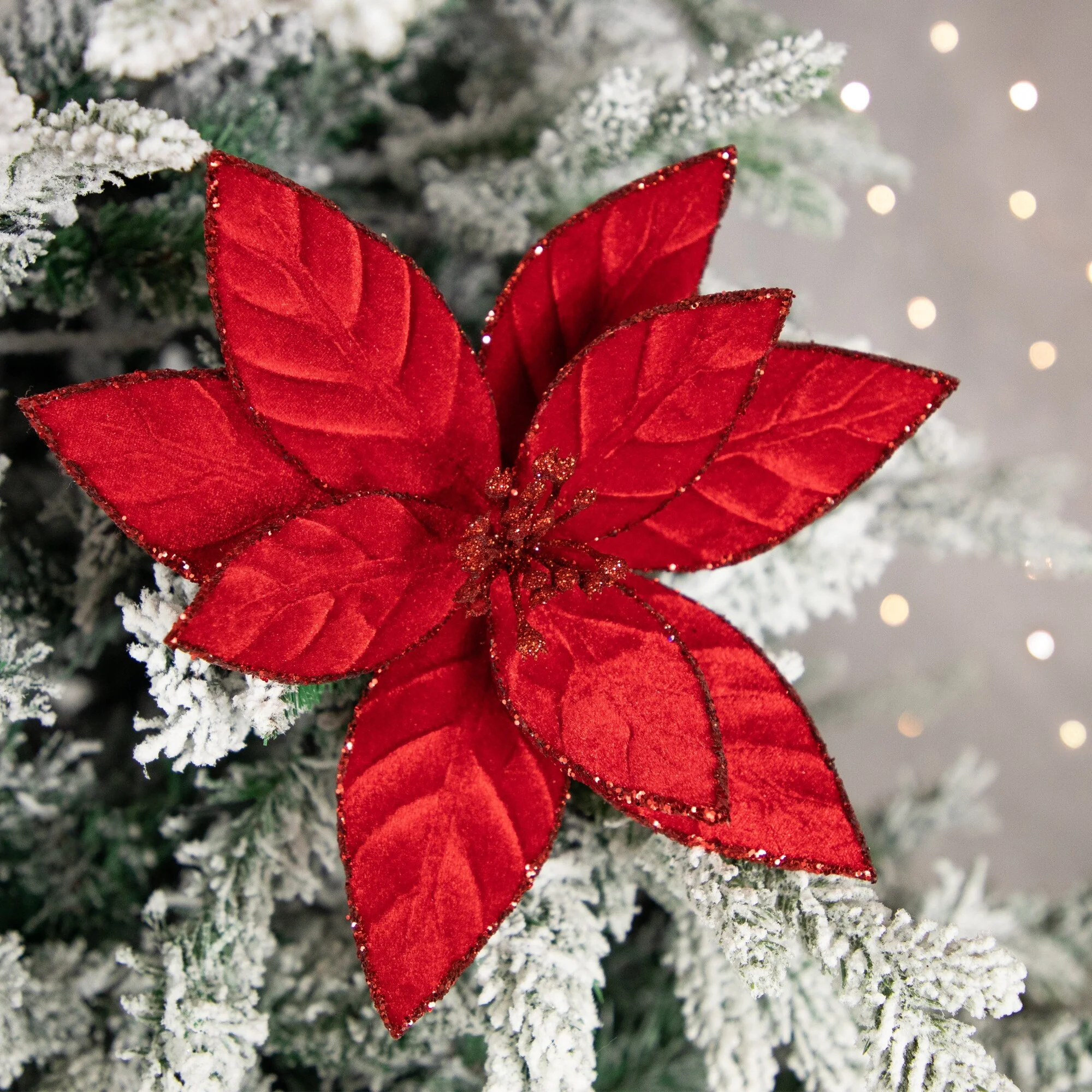 Glittered Poinsettia Christmas Floral Pick Clip-On Ornament - 10