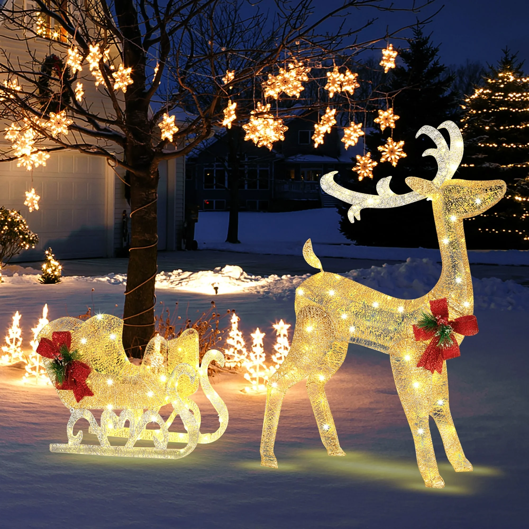 Costway Lighted Christmas Reindeer & Sleigh, Outdoor & Indoor - See Details