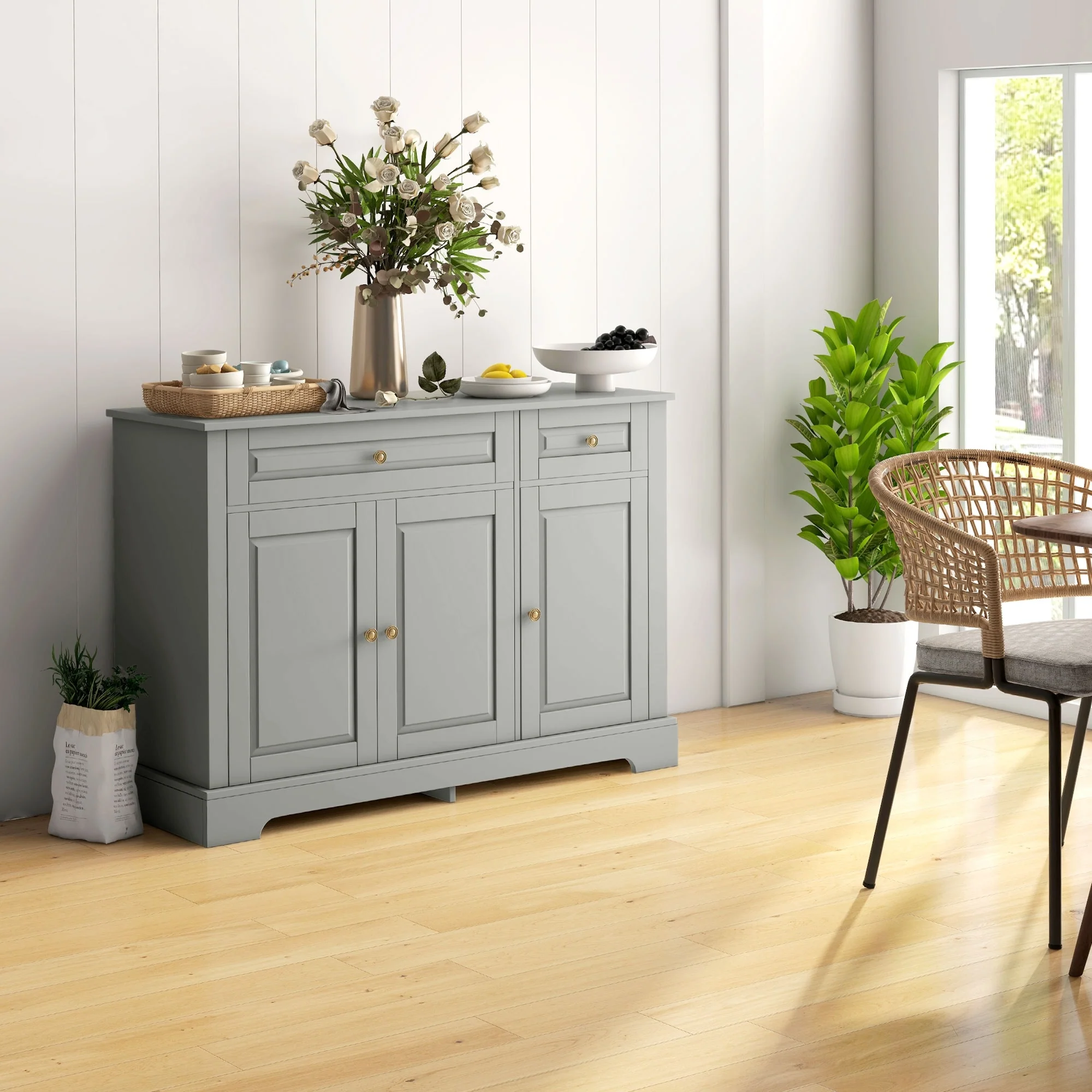 HOMCOM Sideboard Buffet Cabinet, Modern Kitchen Cabinet with 2 Drawers and Adjustable Shelves, Coffee Bar Cabinet, Gray