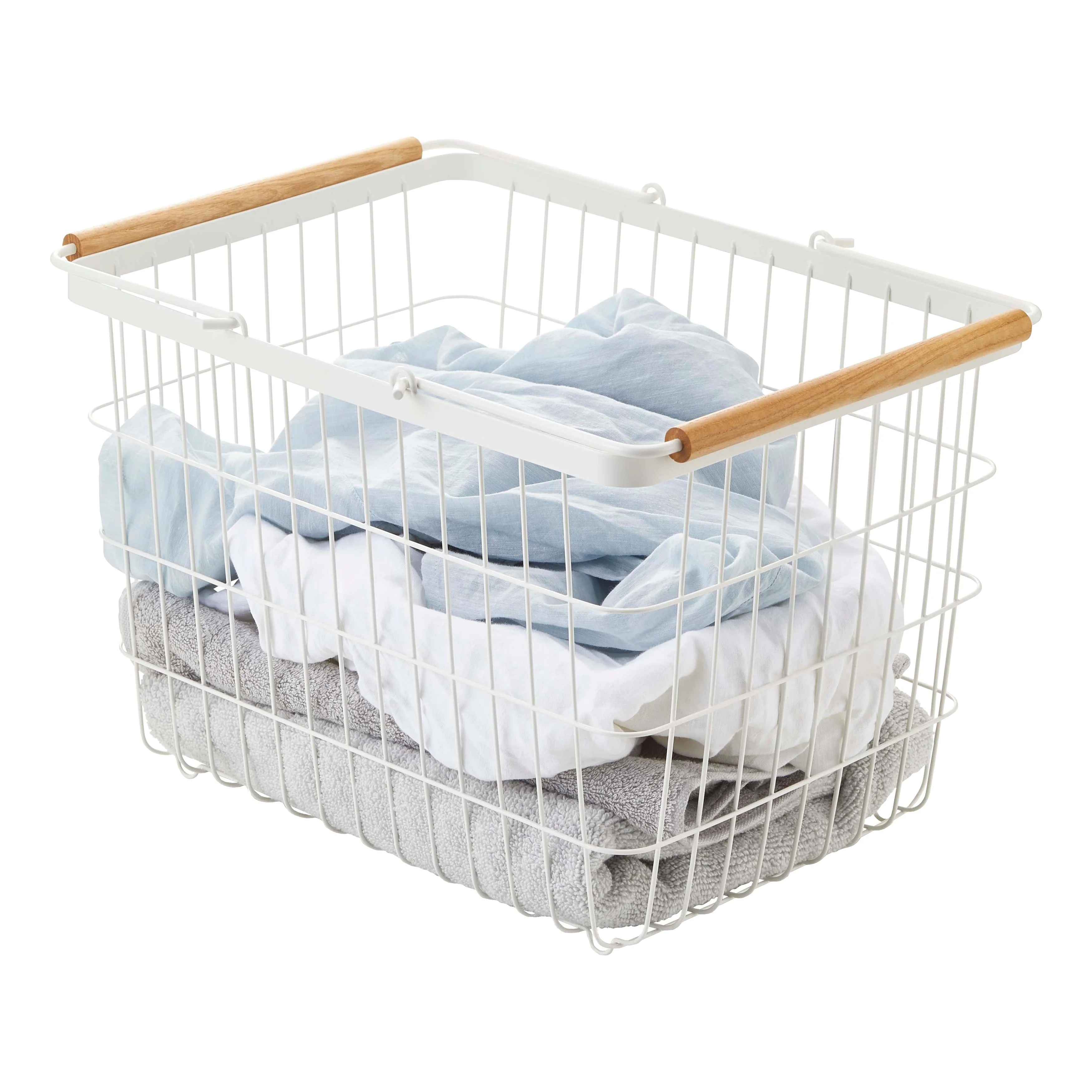 Yamazaki Home Wire Basket - Two Sizes, Steel and Wood, Medium, 6 gallons, 23 liters, Holds 6.6 lbs - Medium