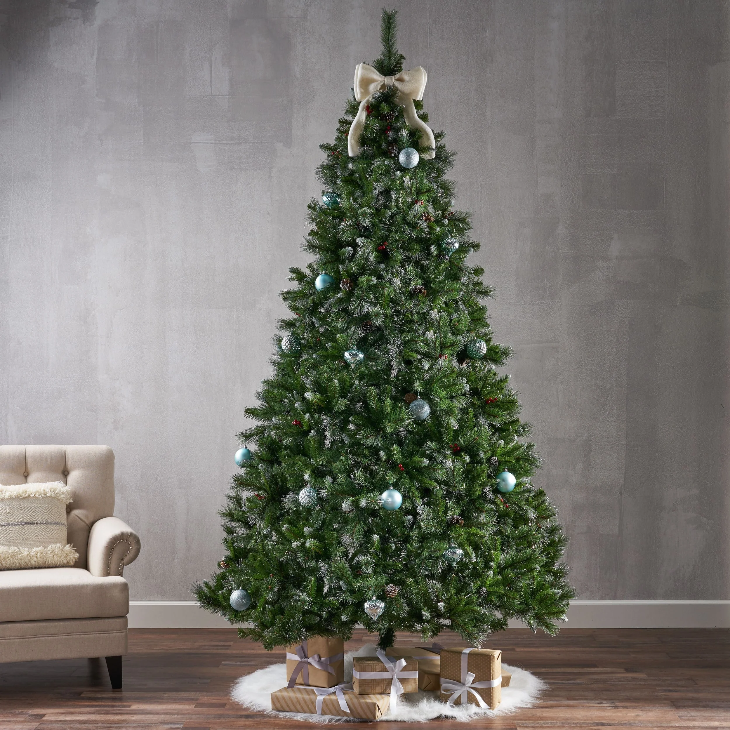 9' Glitter Bristle Mixed Hinged Christmas Tree with 72 Red Berries, 73 Pine Cones, and 2099 Branch Tips