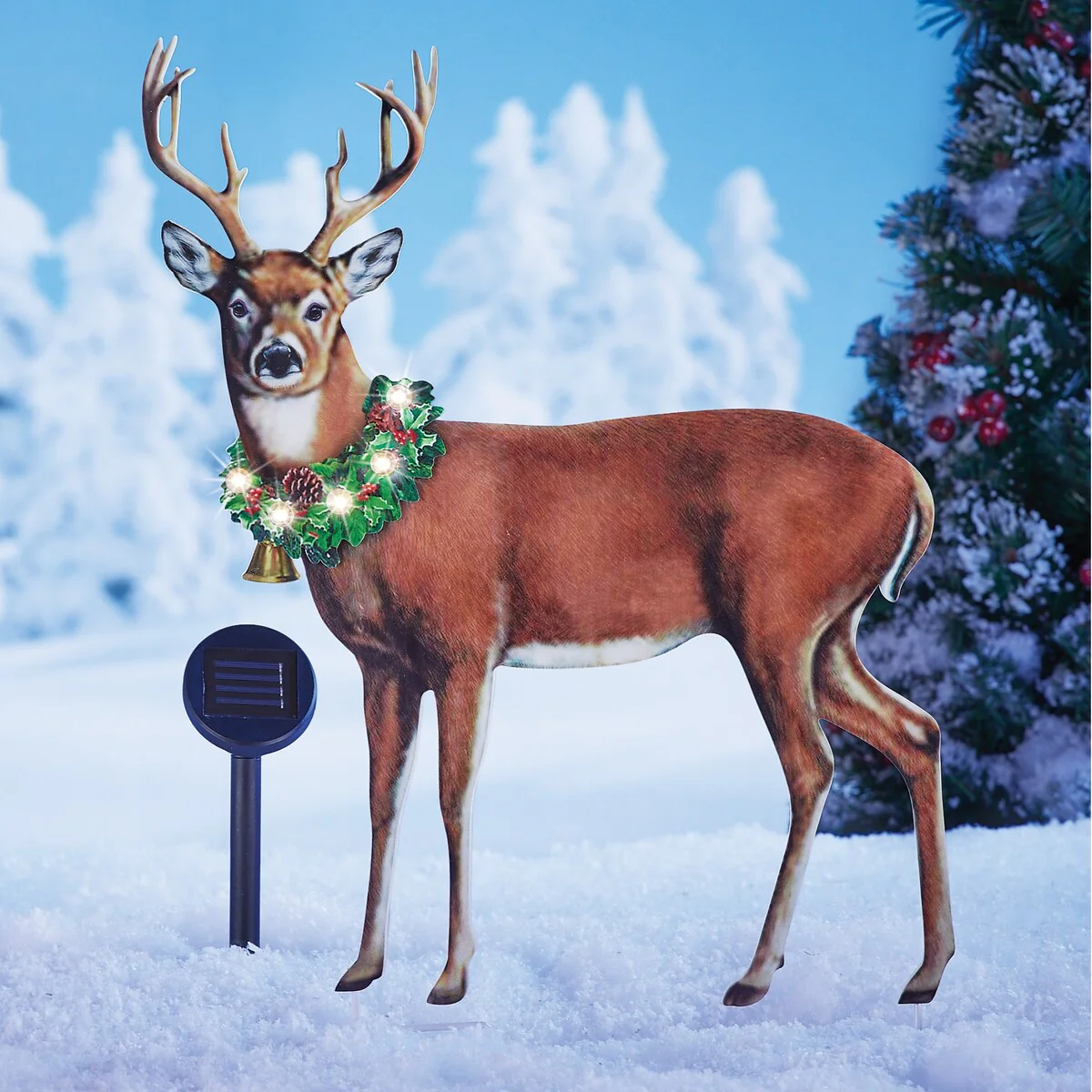 Solar Majestic Deer with Wreath Metal Yard Stakes