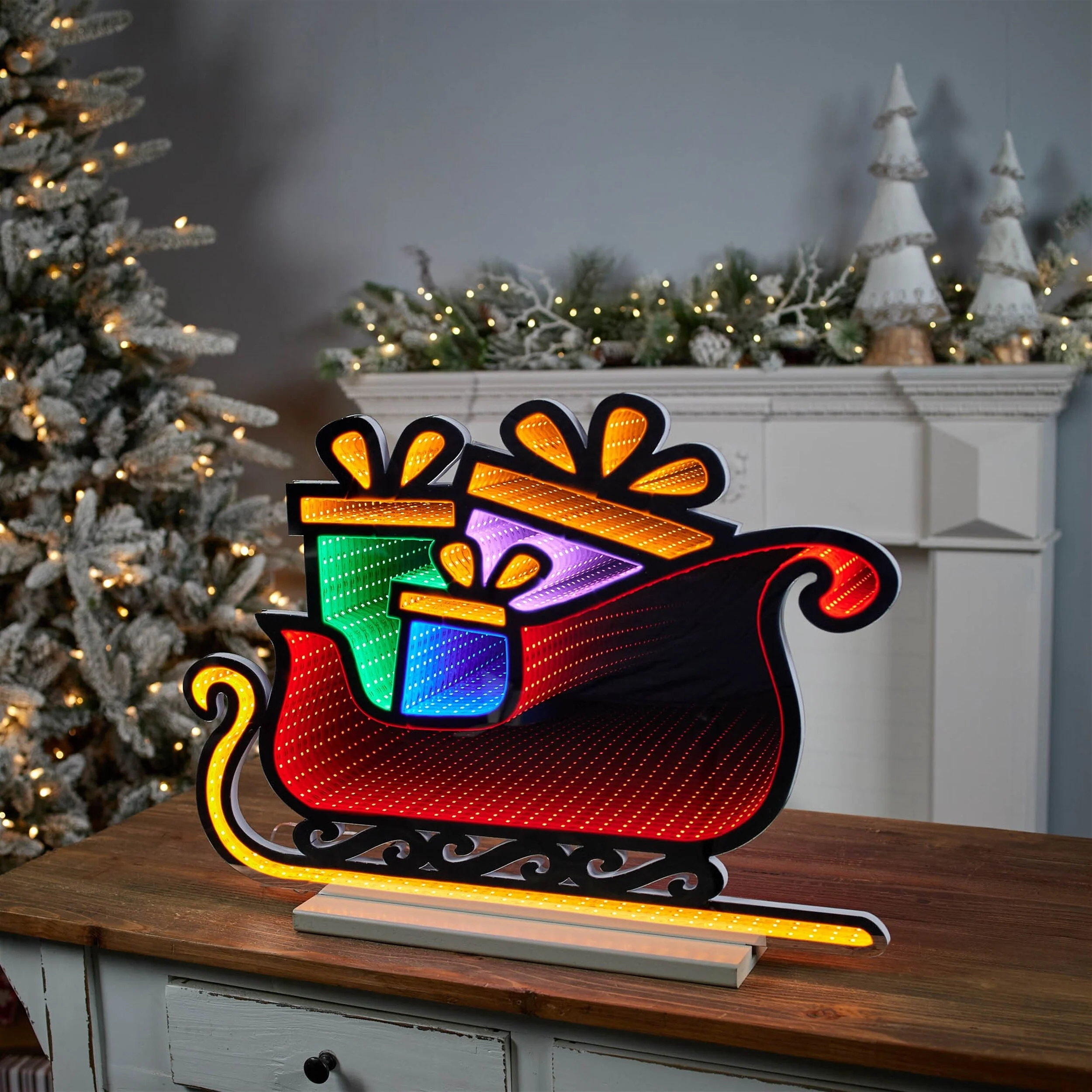 Acrylic Sleigh Decor with Infinity Lights 24.5 inches Holiday Display - 24.5” x 4” x 18” (L x W x H)