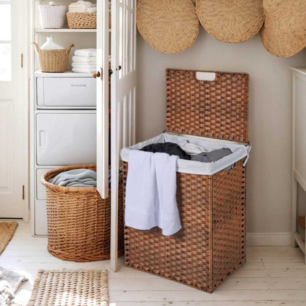Laundry Hamper with Lid, 100L Wicker Laundry Baskets with 2 Removable Liner Bags - 18