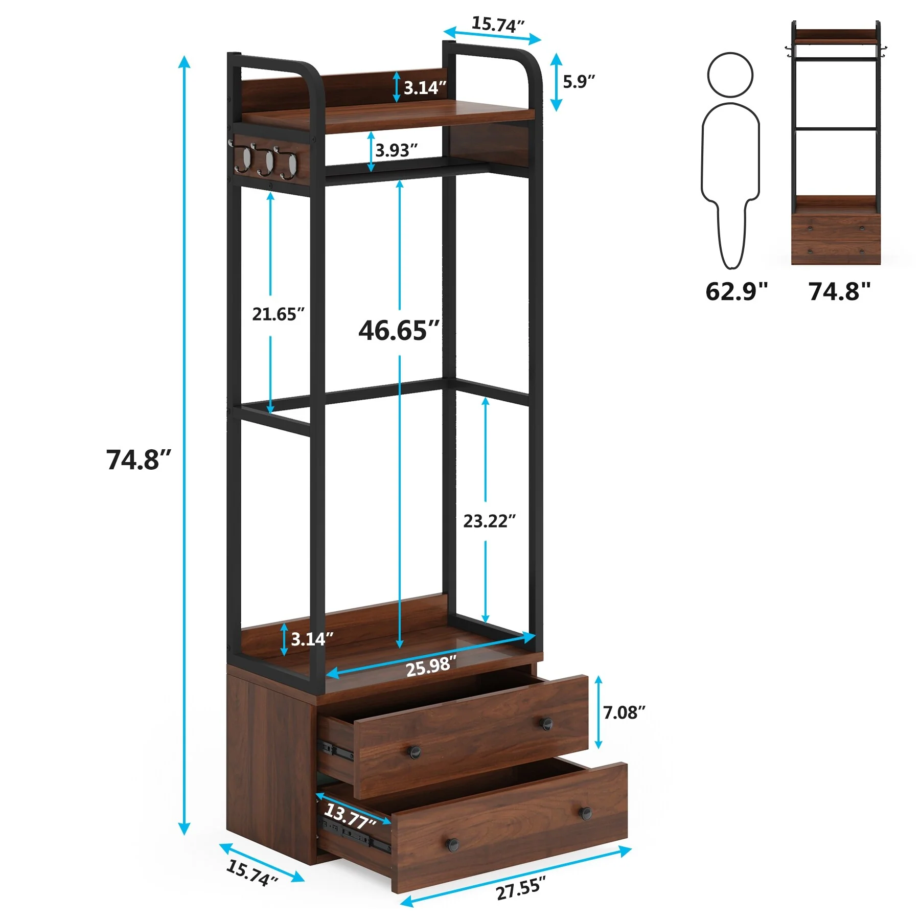 Freestanding Closet Organizer Small Clothes Rack Coat Rack with Drawers and Shelves