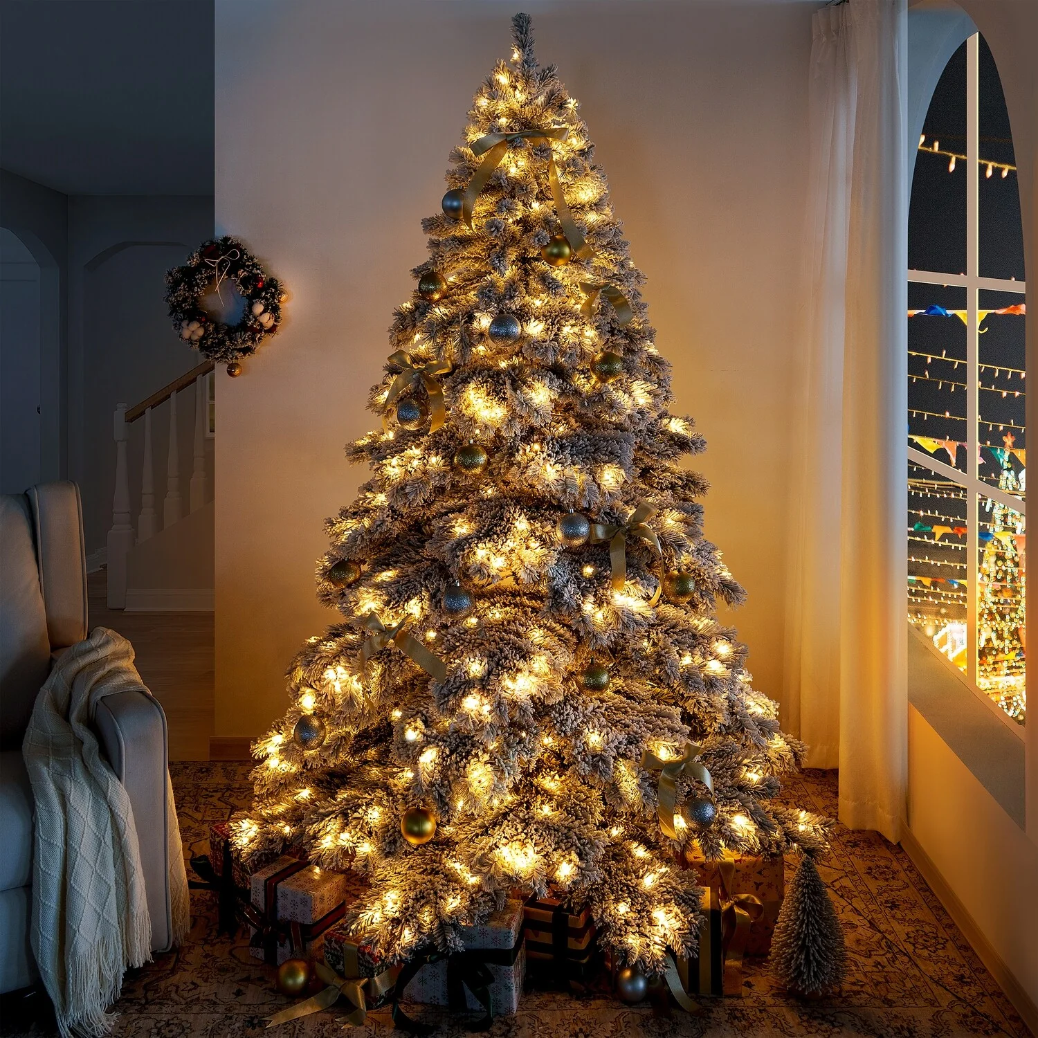 Frosted Fir Snow Flocked Christmas Tree Prelit with 1324 Branch Tips, Warm Lights and Metal Stand - N/A