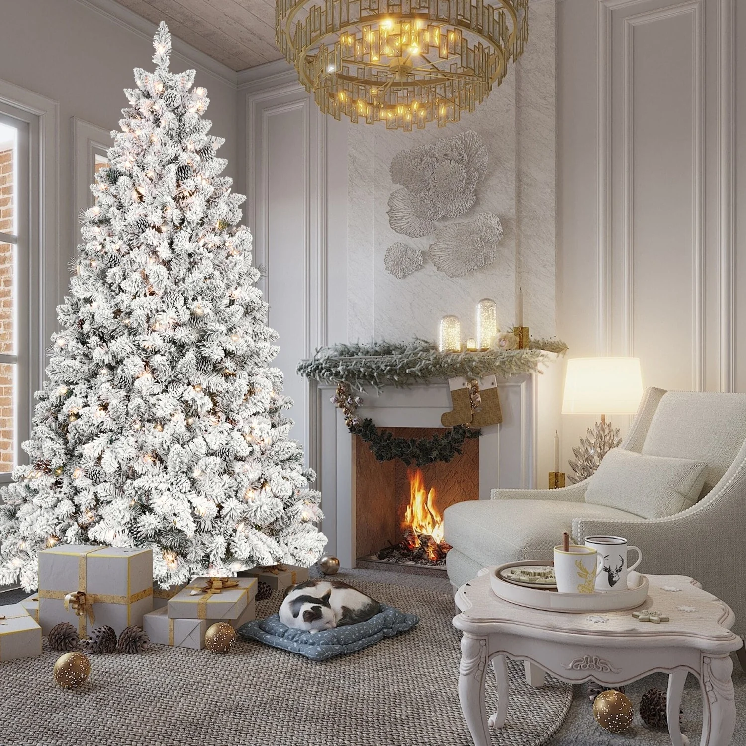 5FT Flocked Christmas Tree with 300 UL Lights and 27 Natural Pine Cones-Snowy PVC Tips, 600 Tips, Hinged Structure