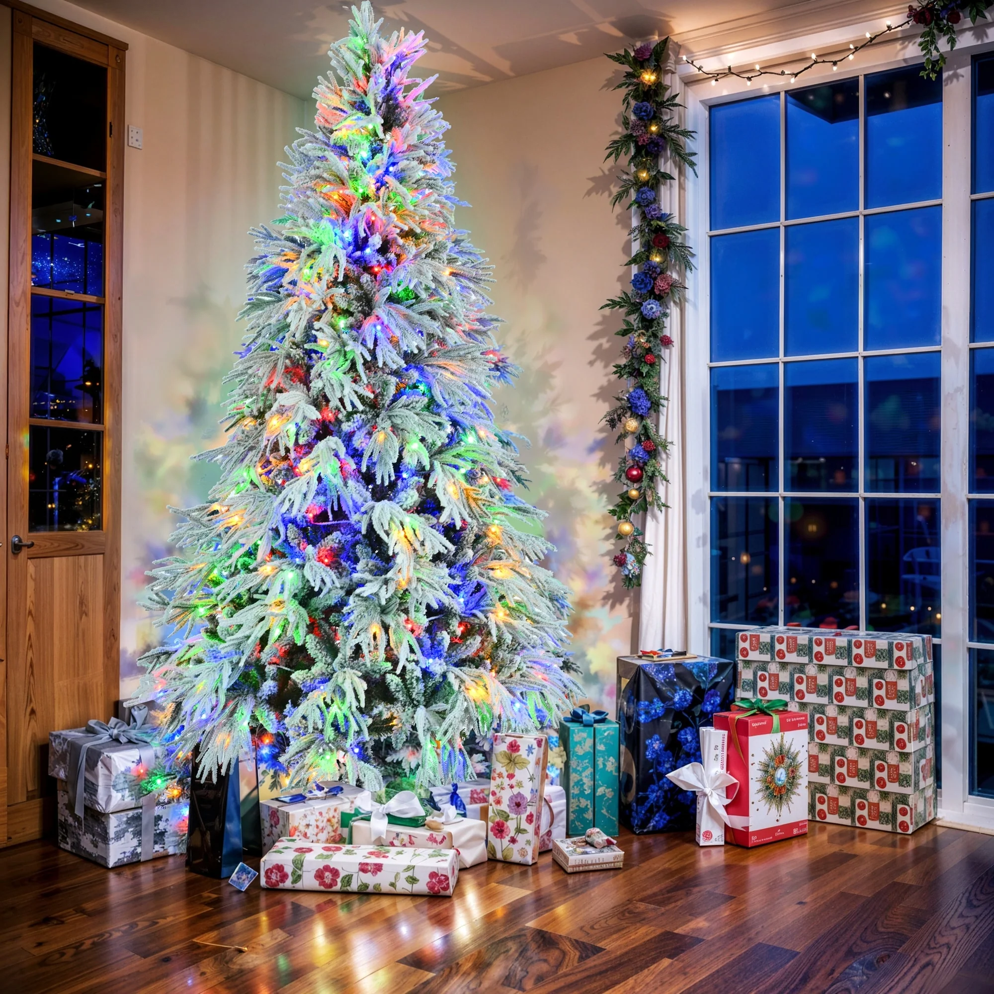 7.5FT Pre-Lit Snow Flocked Christmas Tree, 350 LED Lights, 8 Modes & 1389 Branch Tips, Perfect for Holiday Decor