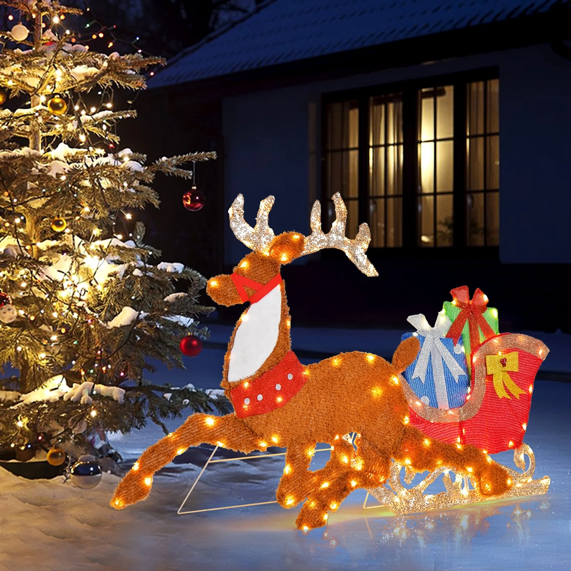 Costway Lighted 2D Christmas Reindeer and Sleigh Decoration Pre-Lit - Multi-color - See Details