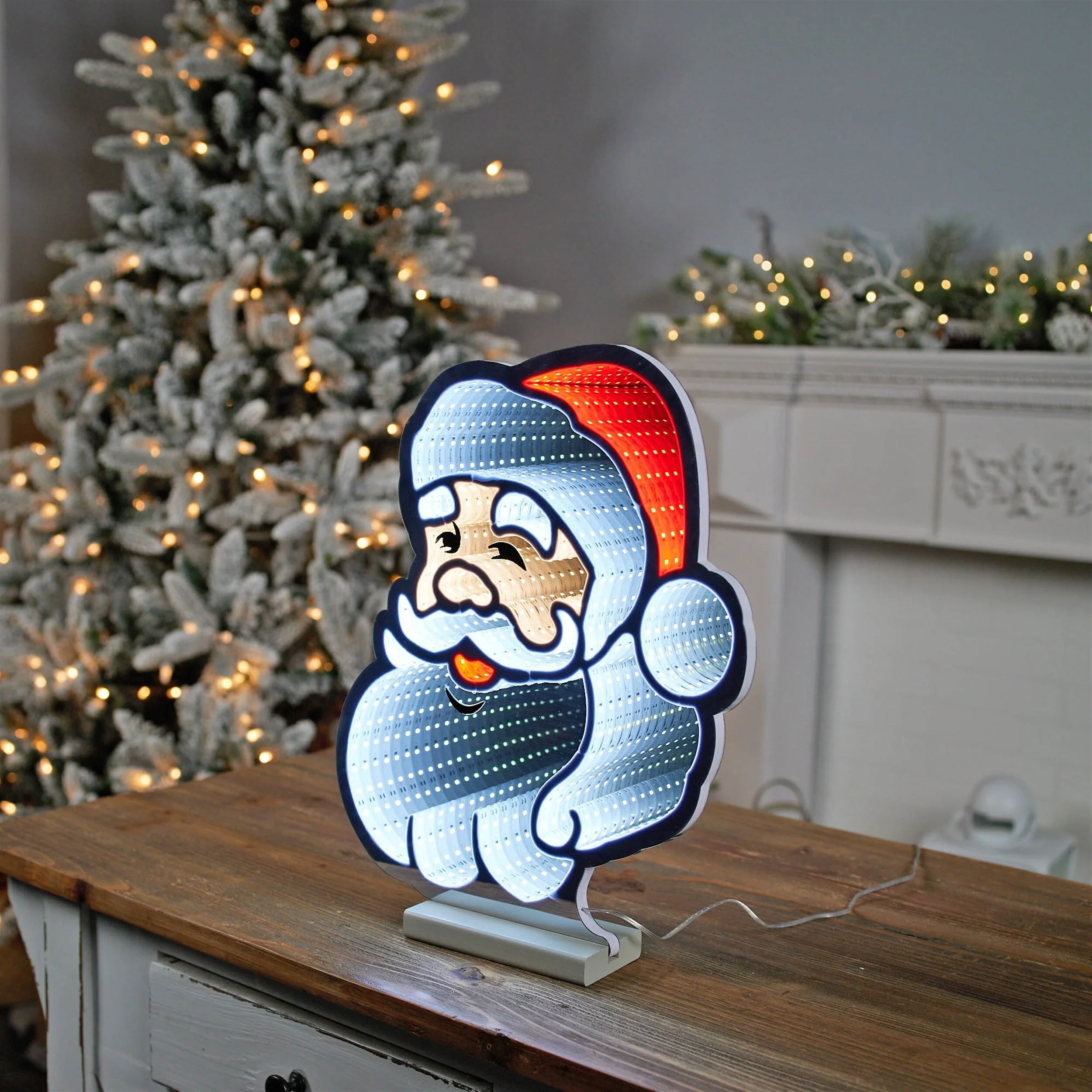 Acrylic Santa Head Light with Infinity Glow 16 inches Festive Decor - 13.25” x 2.75” x 16” (L x W x H)