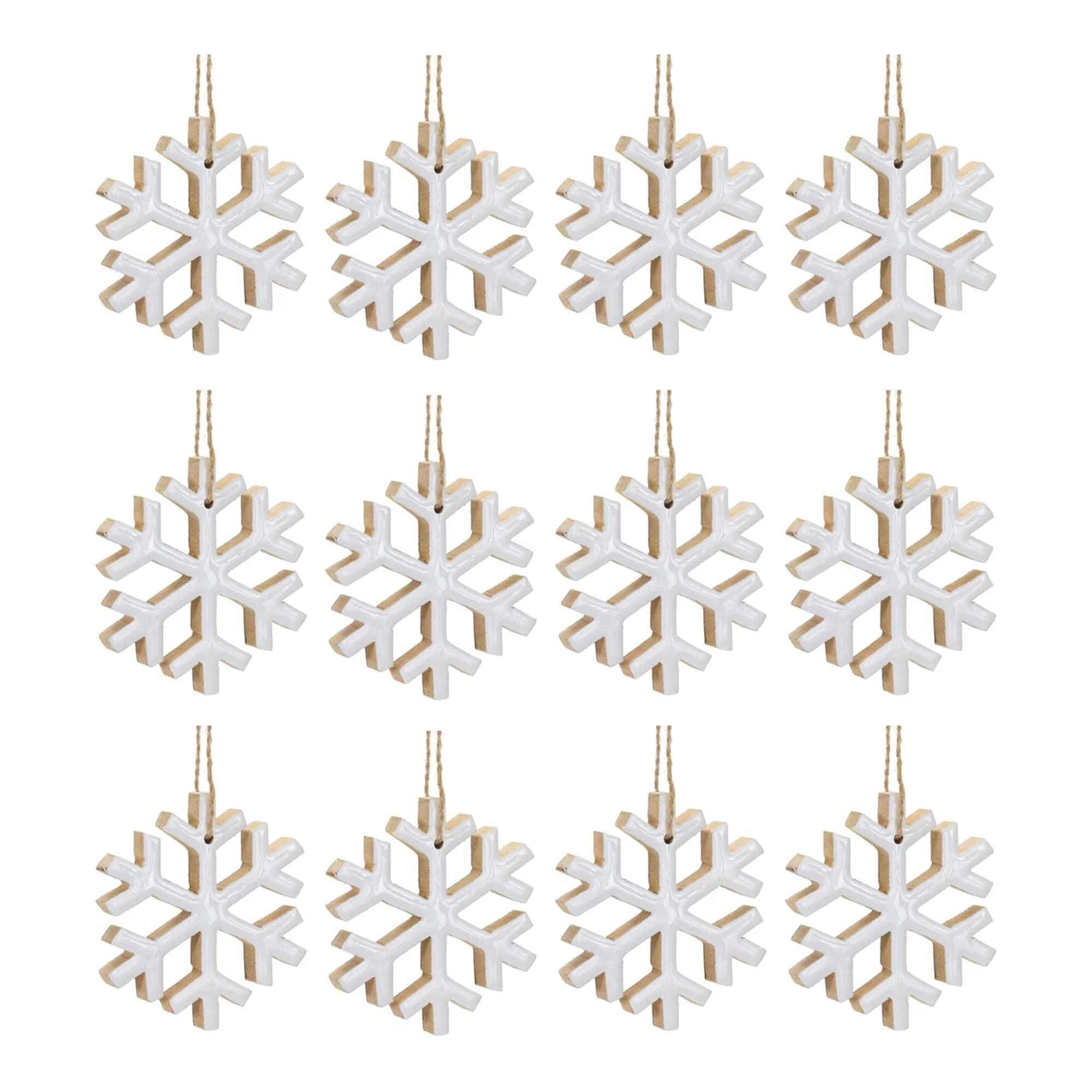 12ct White Wooden Snowflake Christmas Ornaments 4