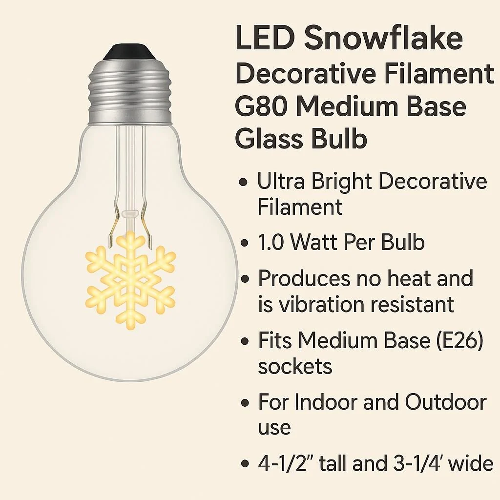 Festive Living LED Christmas Snowflake Decorative Filament Bulb G80 Globe E26 Base 1W Clear Glass 1pk