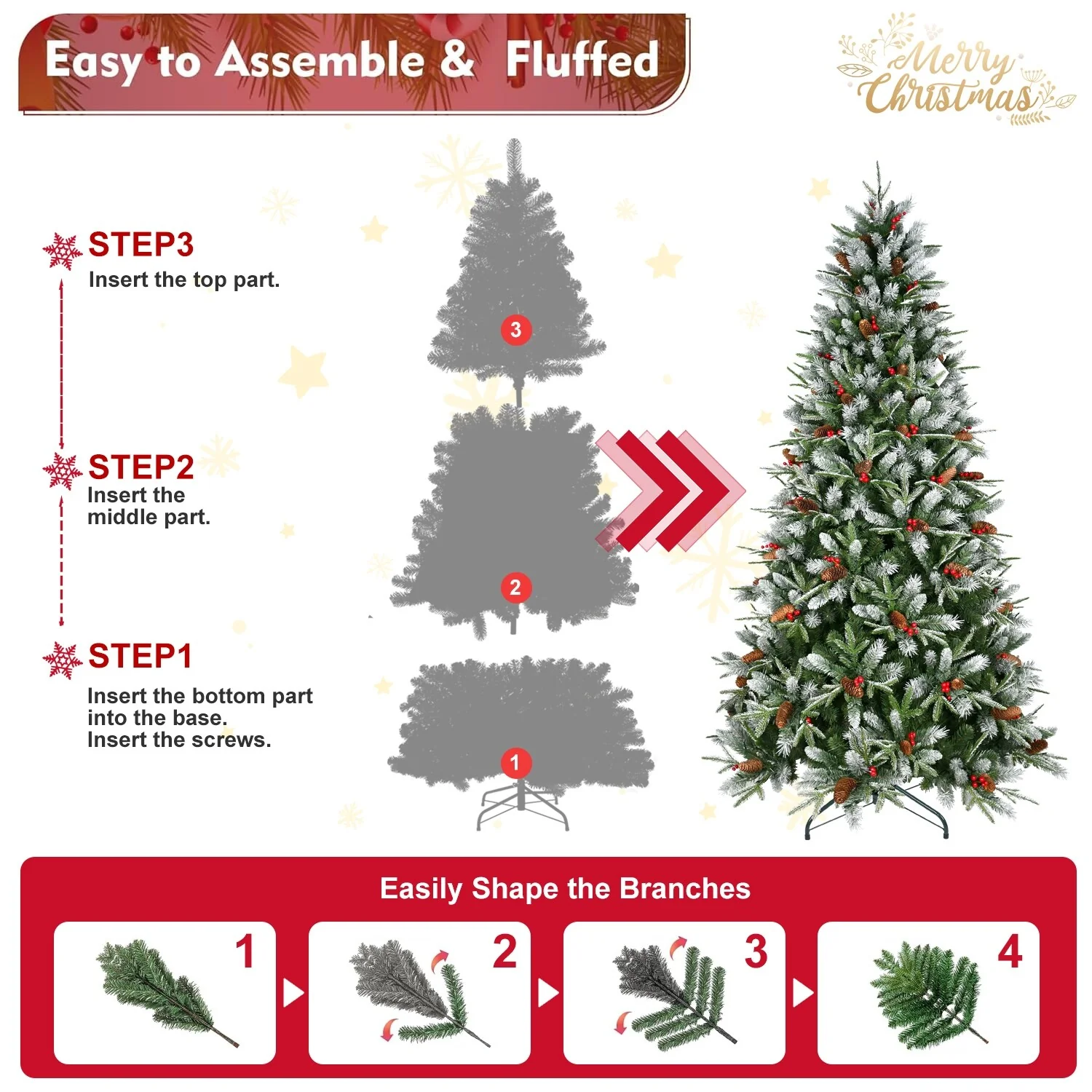 Snow-Dusted 8-Foot Artificial Christmas Tree with 2850 Mixed Branch Tips, Pinecones & Red Berries, Perfect for Large Spaces