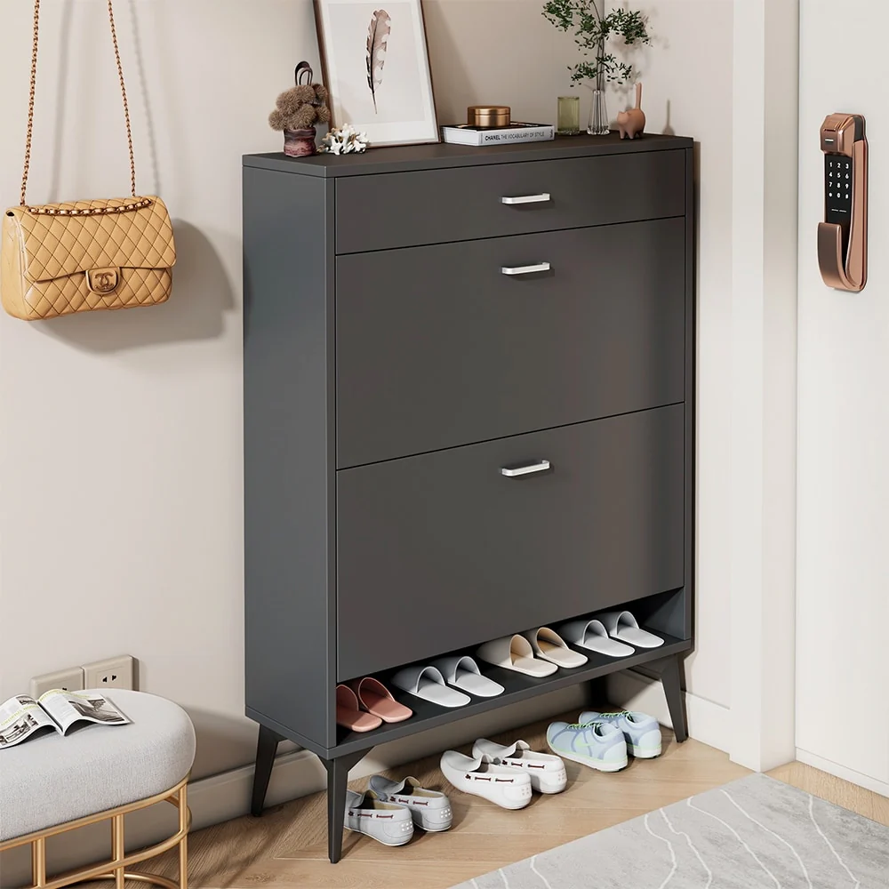 3-Drawer Wood Shoe Storage Cabinet with Removable Panels & 1 Open Shelf