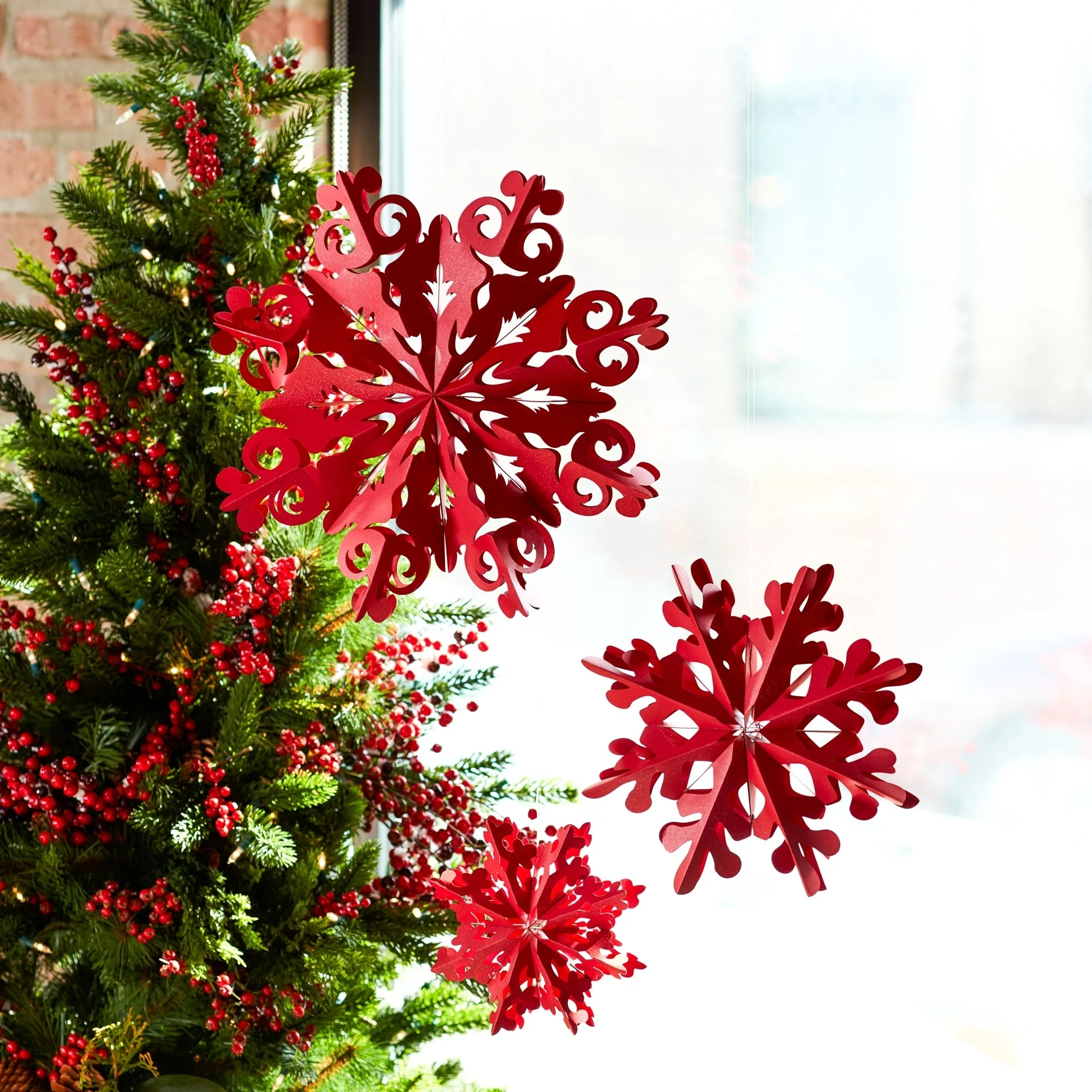 Set of 6 Red Paper Cut Out Snowflake Christmas Ornaments 15.75