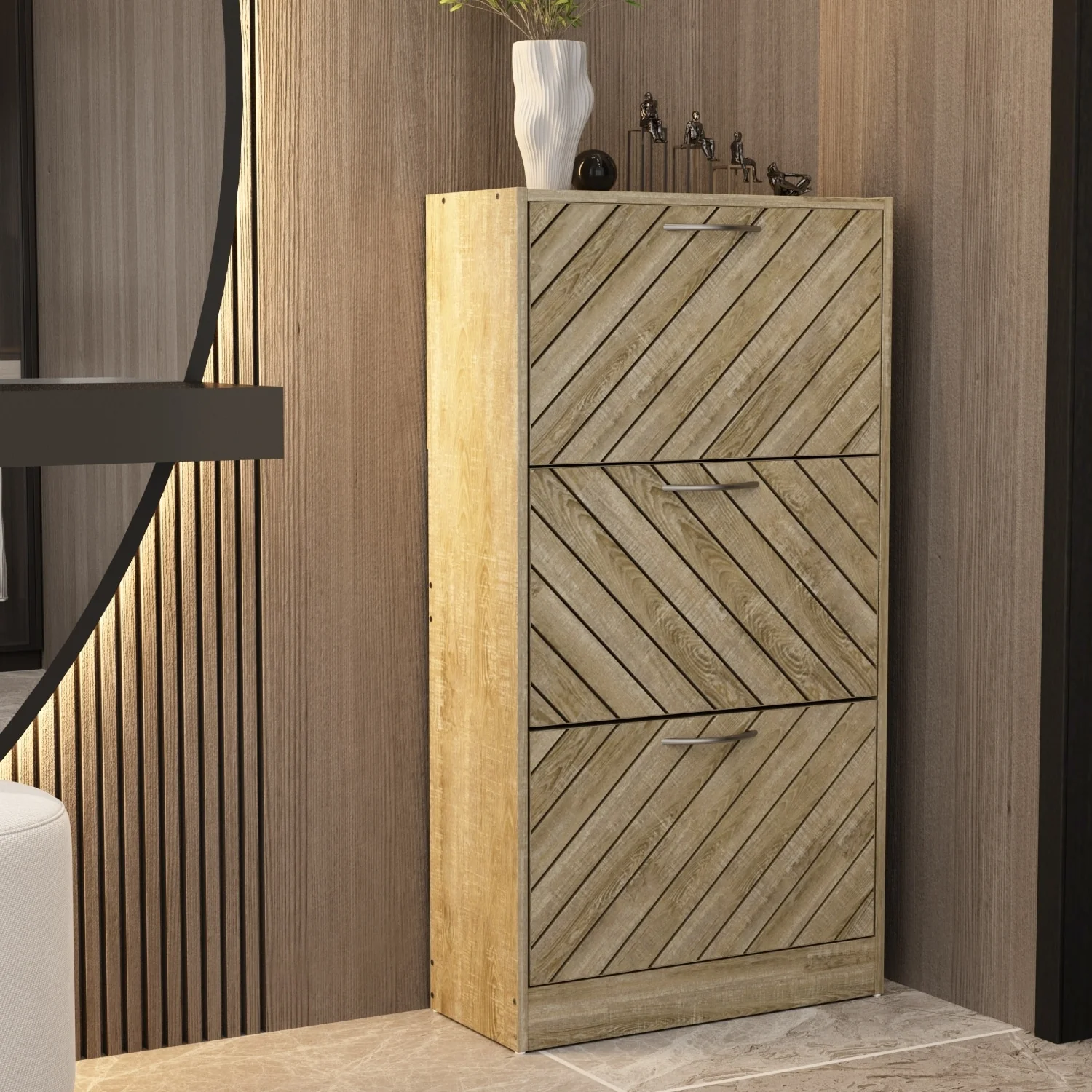 Kerrogee 18-Pair Shoe Storage Cabinet with 3 Flip Drawers Wood/ Grey